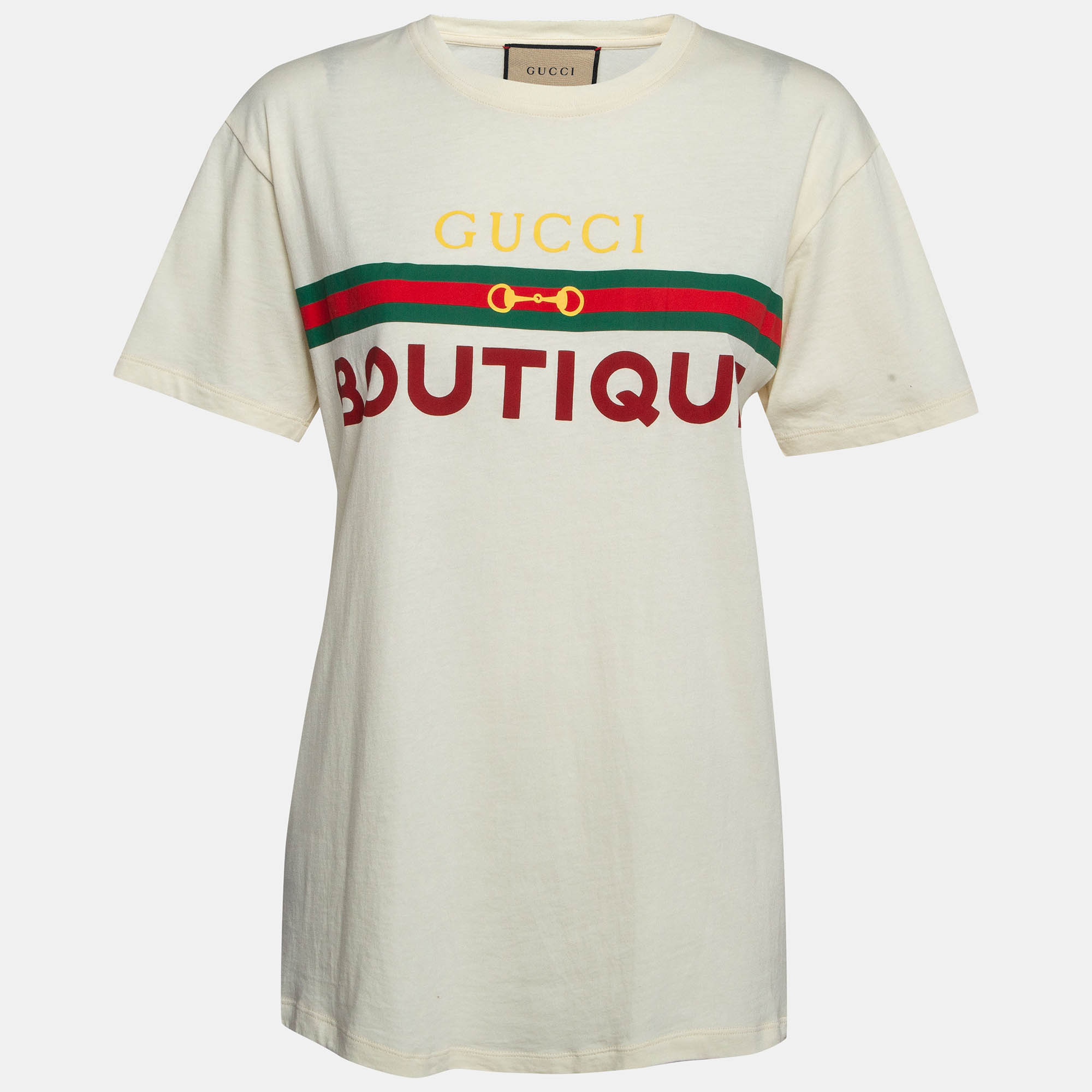 

Gucci Cream Ribbon Horse Buckle Print Cotton T-Shirt S