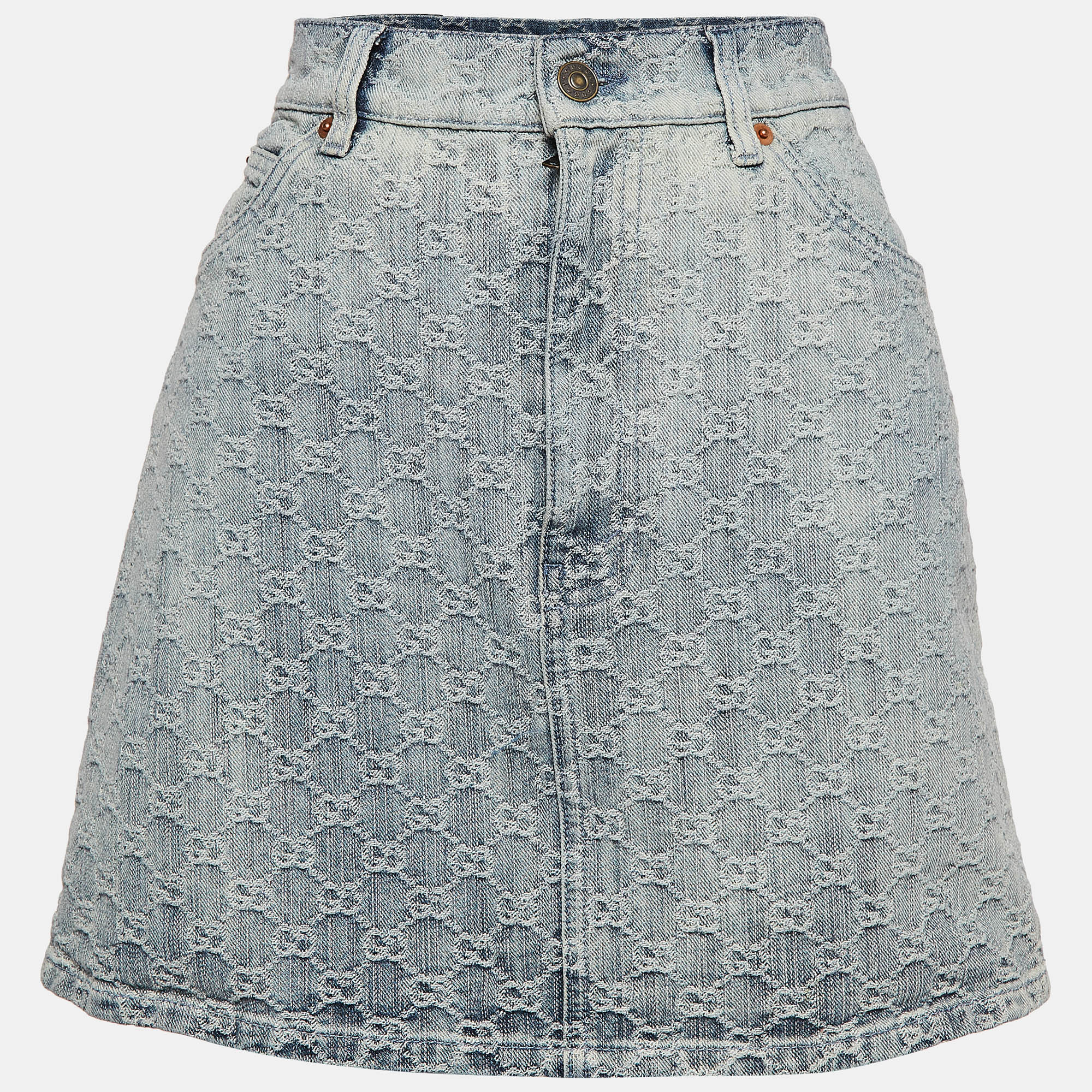 

Gucci Blue Logo Monogram Patterned Denim Mini Skirt S