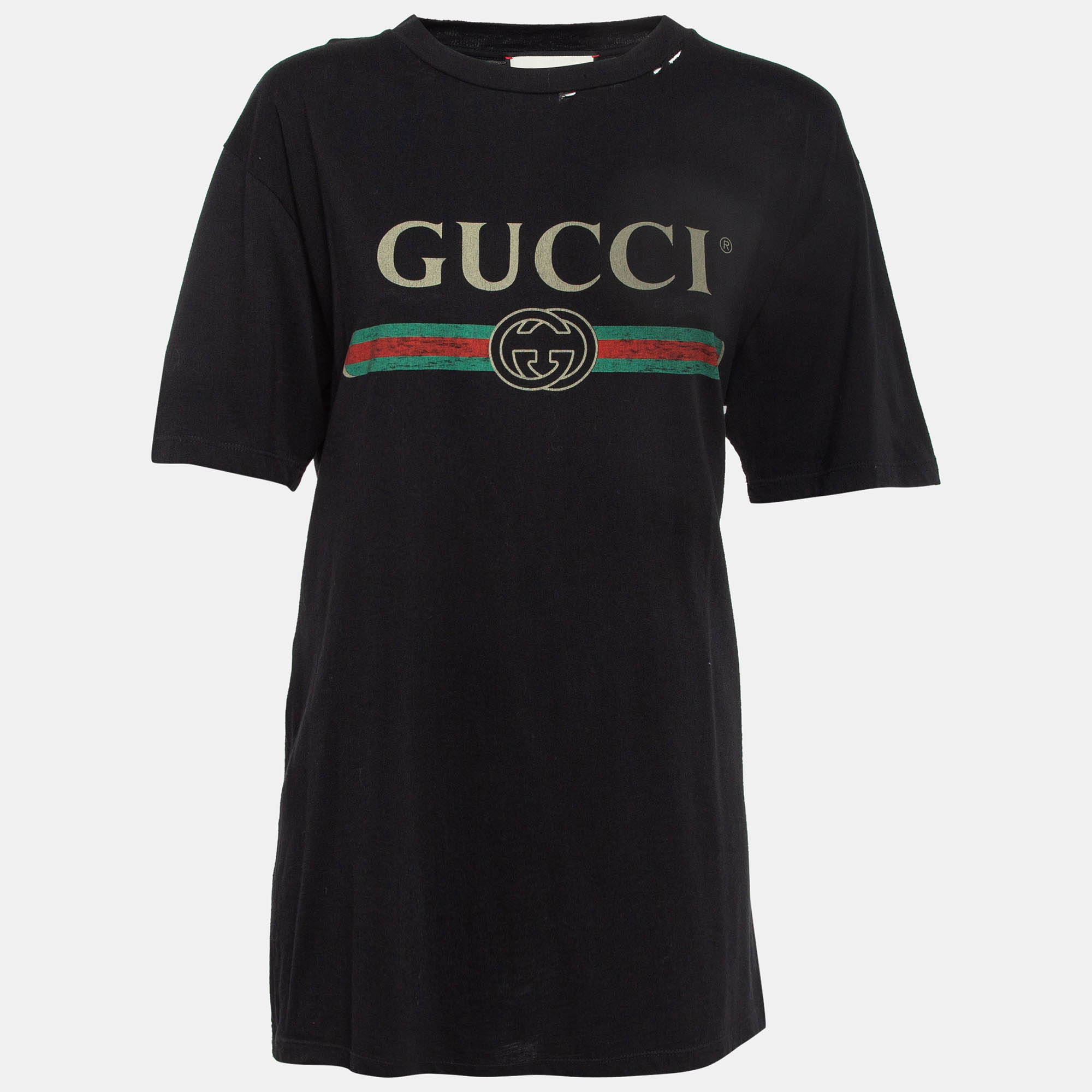 

Gucci Black Logo Print Distressed Cotton T-Shirt M