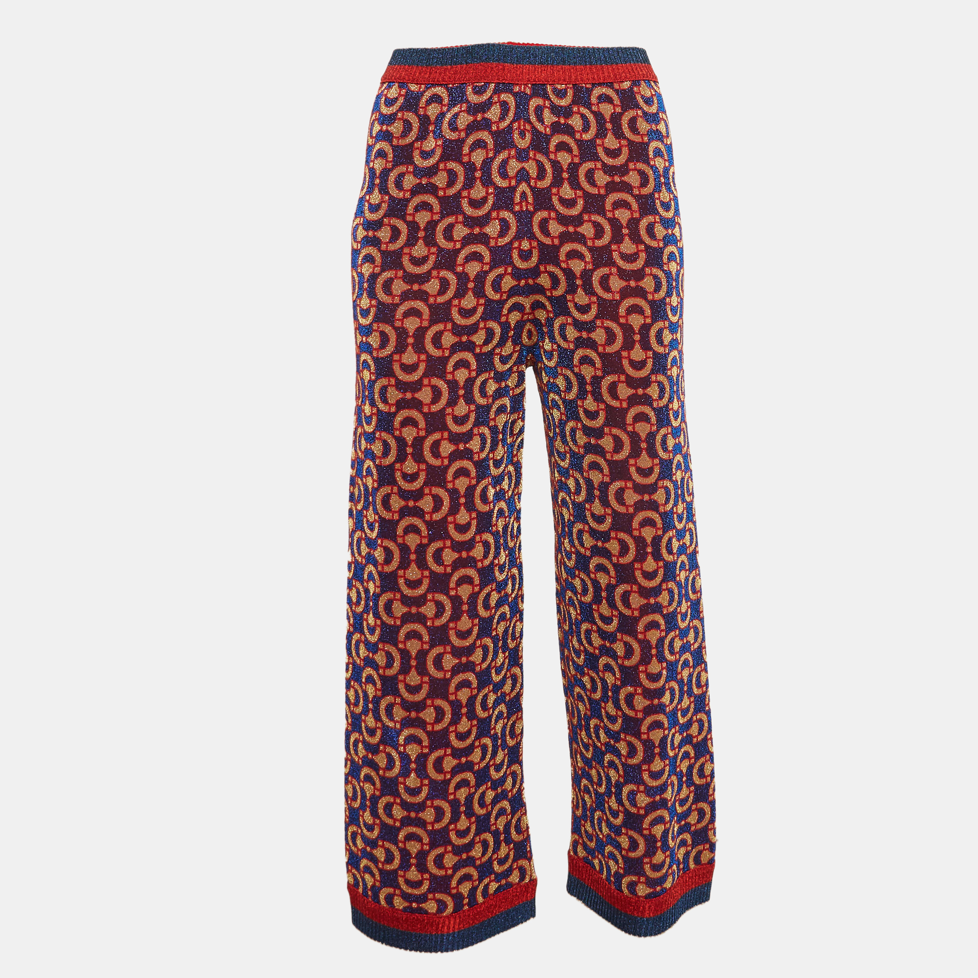 Pre-owned Gucci Blue/ Red Horsebit Pattern Lame Knit Crop Trousers M