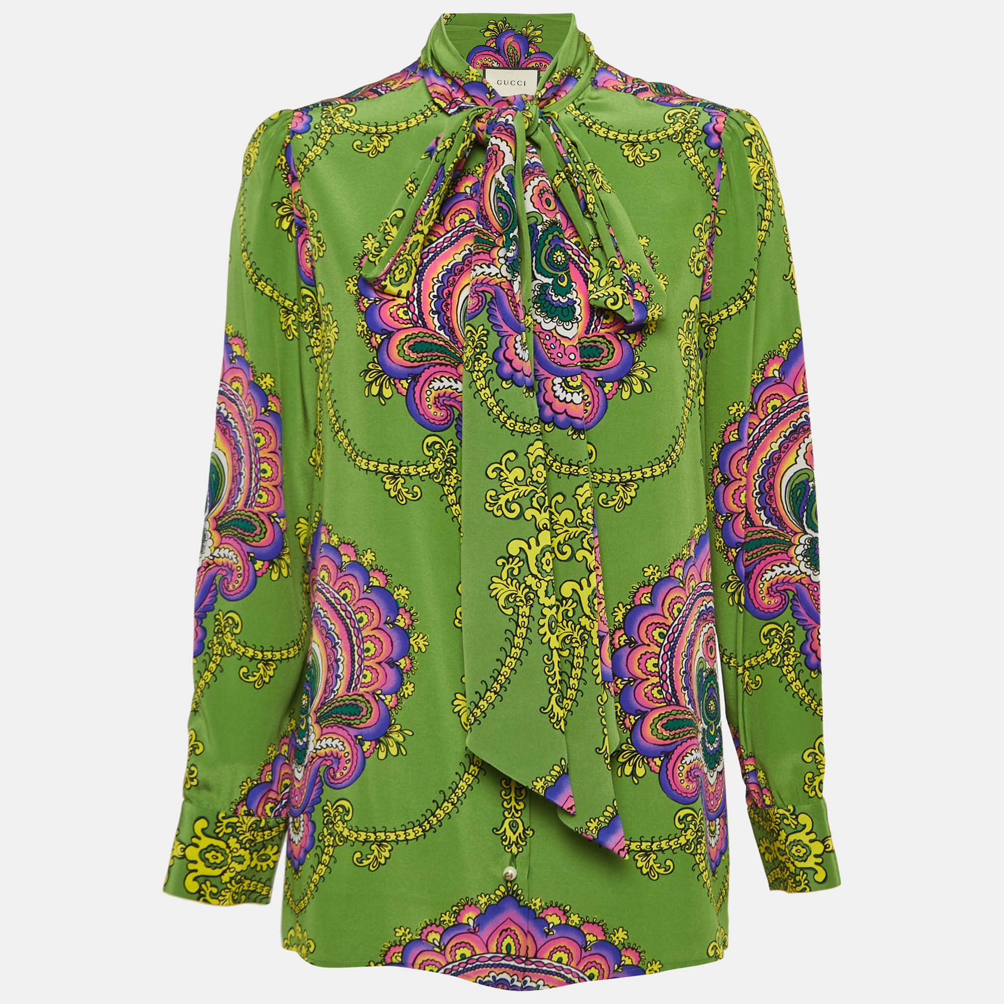 

Gucci Green Printed Silk Tie-Neck Blouse M