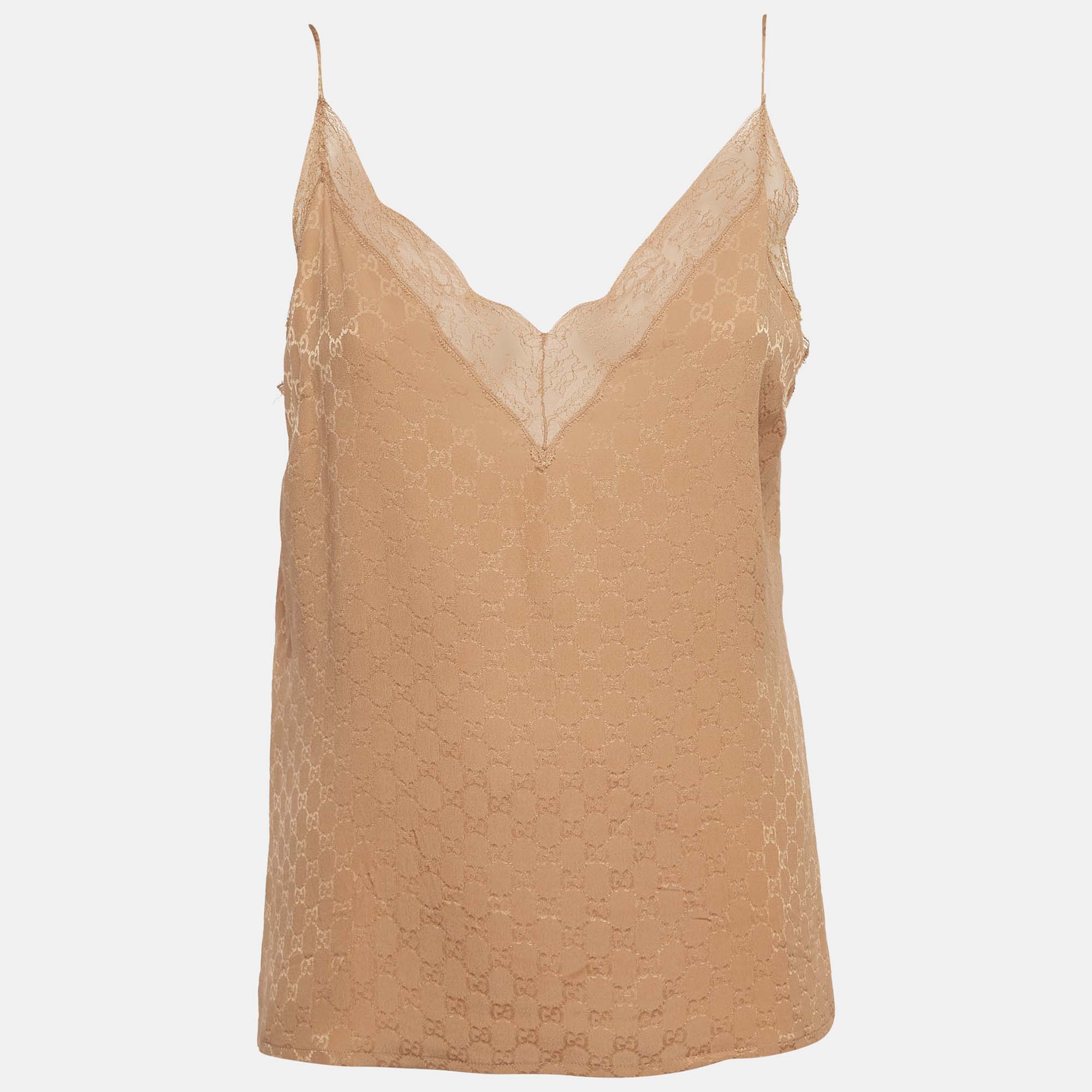 

Gucci Beige GG Lace Trim Silk Camisole Top L