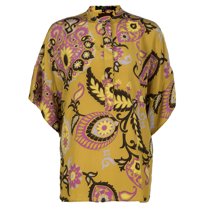 Gucci Yellow Paisley Printed Silk Oversized Blouse M