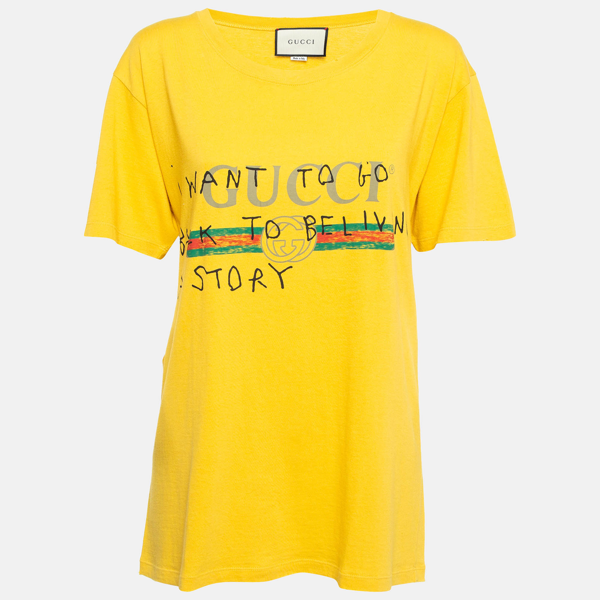 

Gucci Yellow Logo Print Coco Capitan Cotton Distressed T-Shirt M