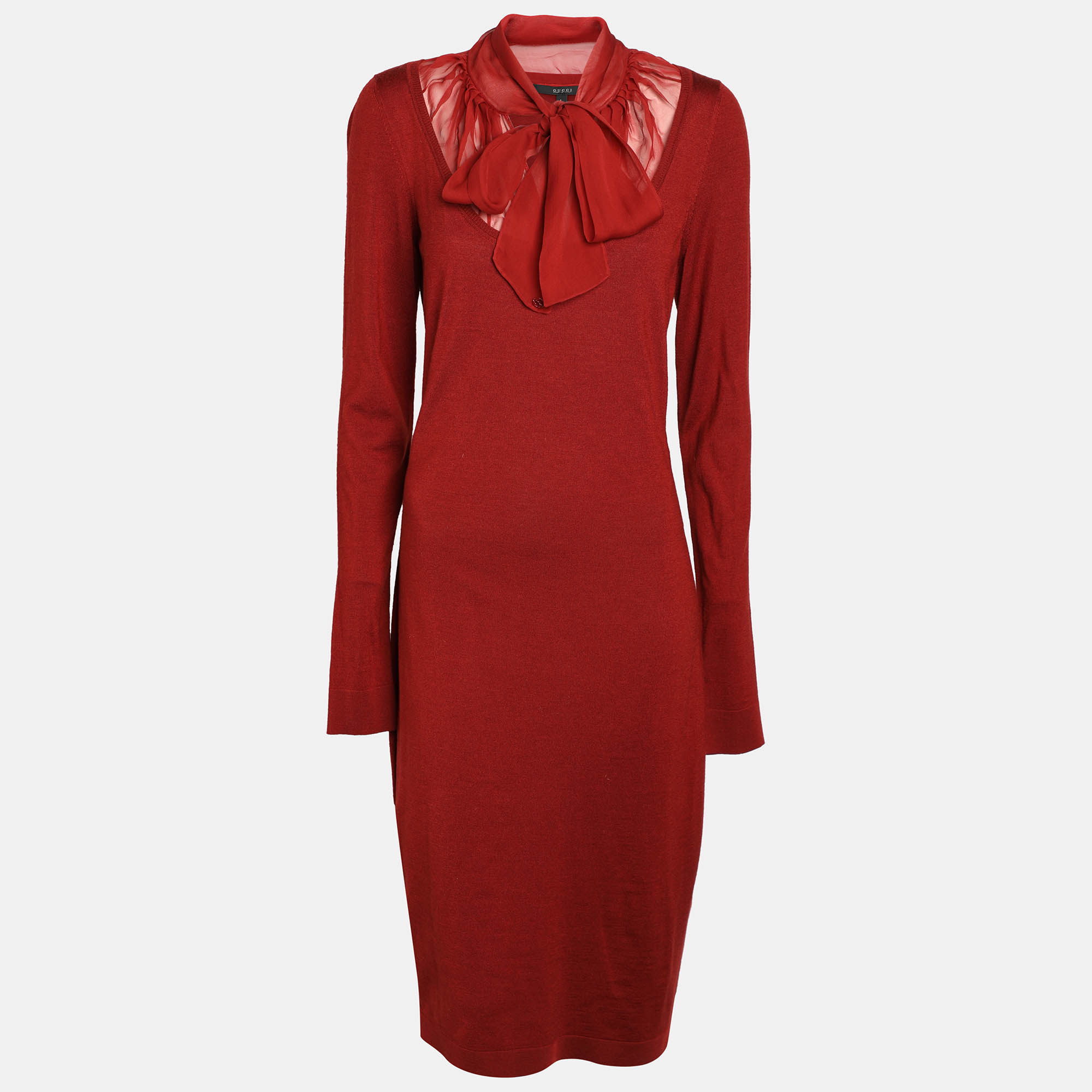 Pre-owned Gucci Burgundy Silk & Wool Knit Midi Dress L