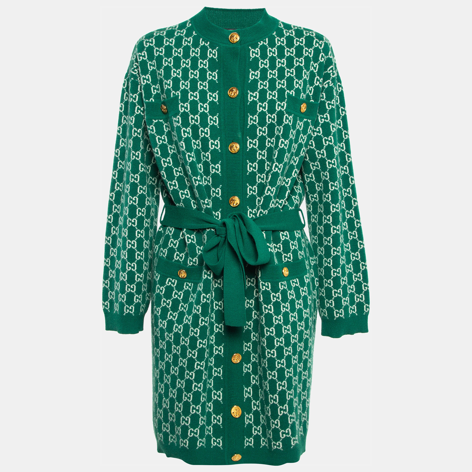 

Gucci Green GG Patterned Wool Knit Belted Long Cardigan S