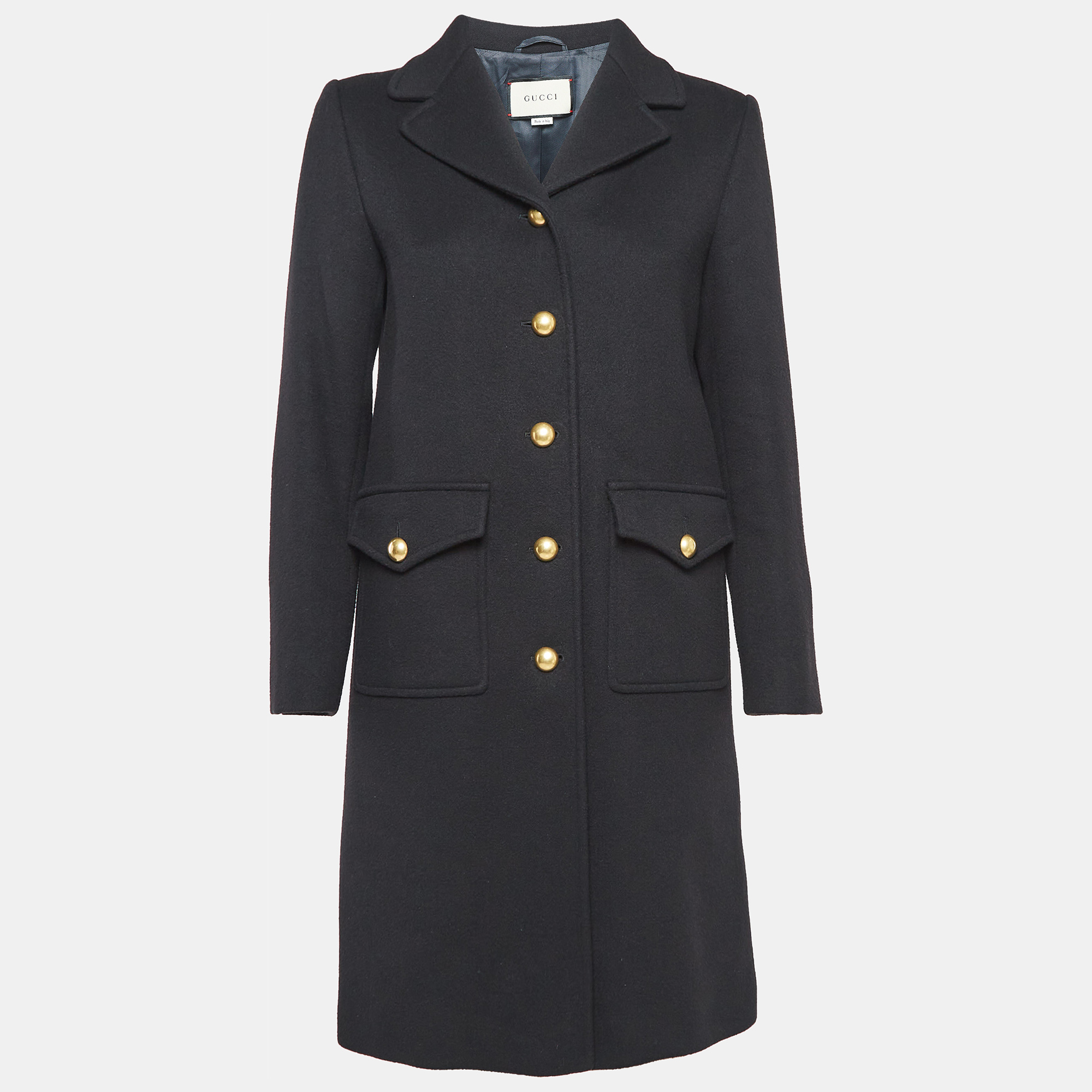 

Gucci Black Wool GG Metal Detail Mid-Length Coat M