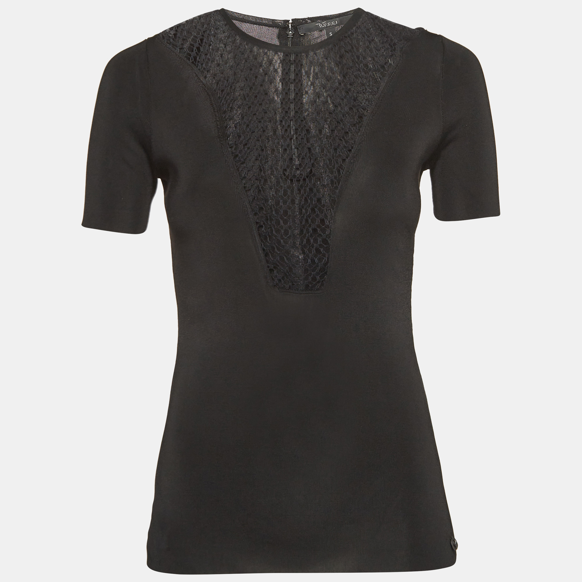 

Gucci Black Mesh Insert Rib Knit Short Sleeve Top S