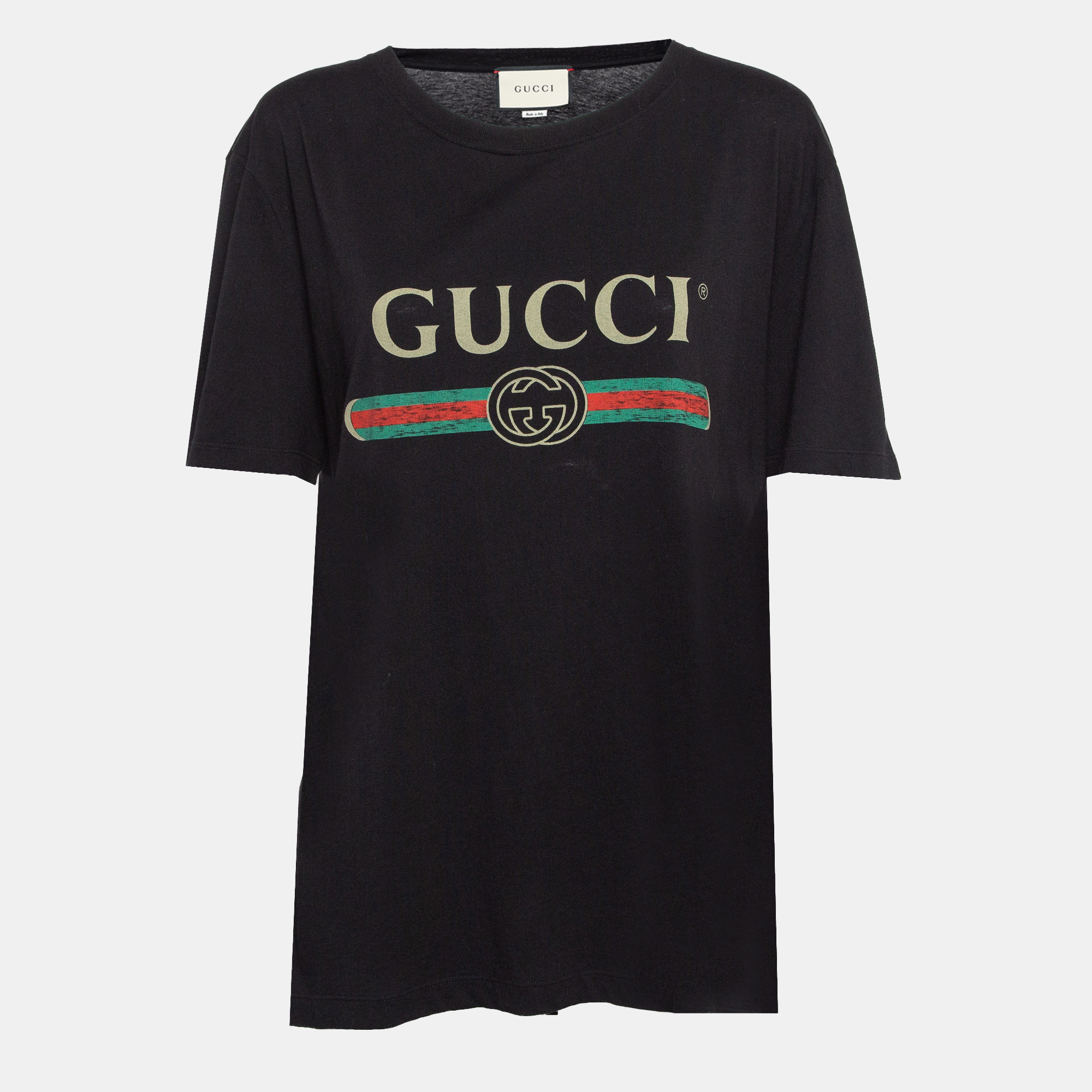 

Gucci Black Logo Print Jersey Distressed T-Shirt M