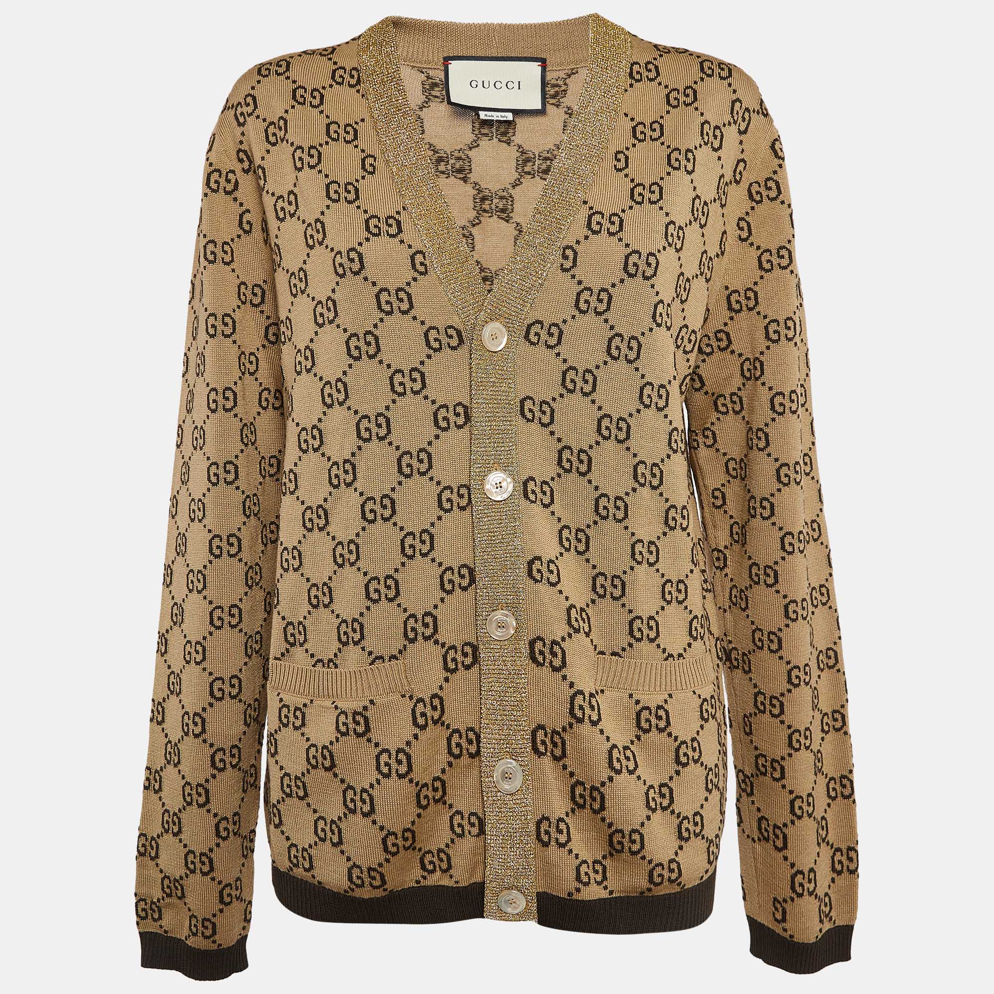 

Gucci Beige Monogram Wool Metallic Trim Detail Button Front Cardigan M, Brown