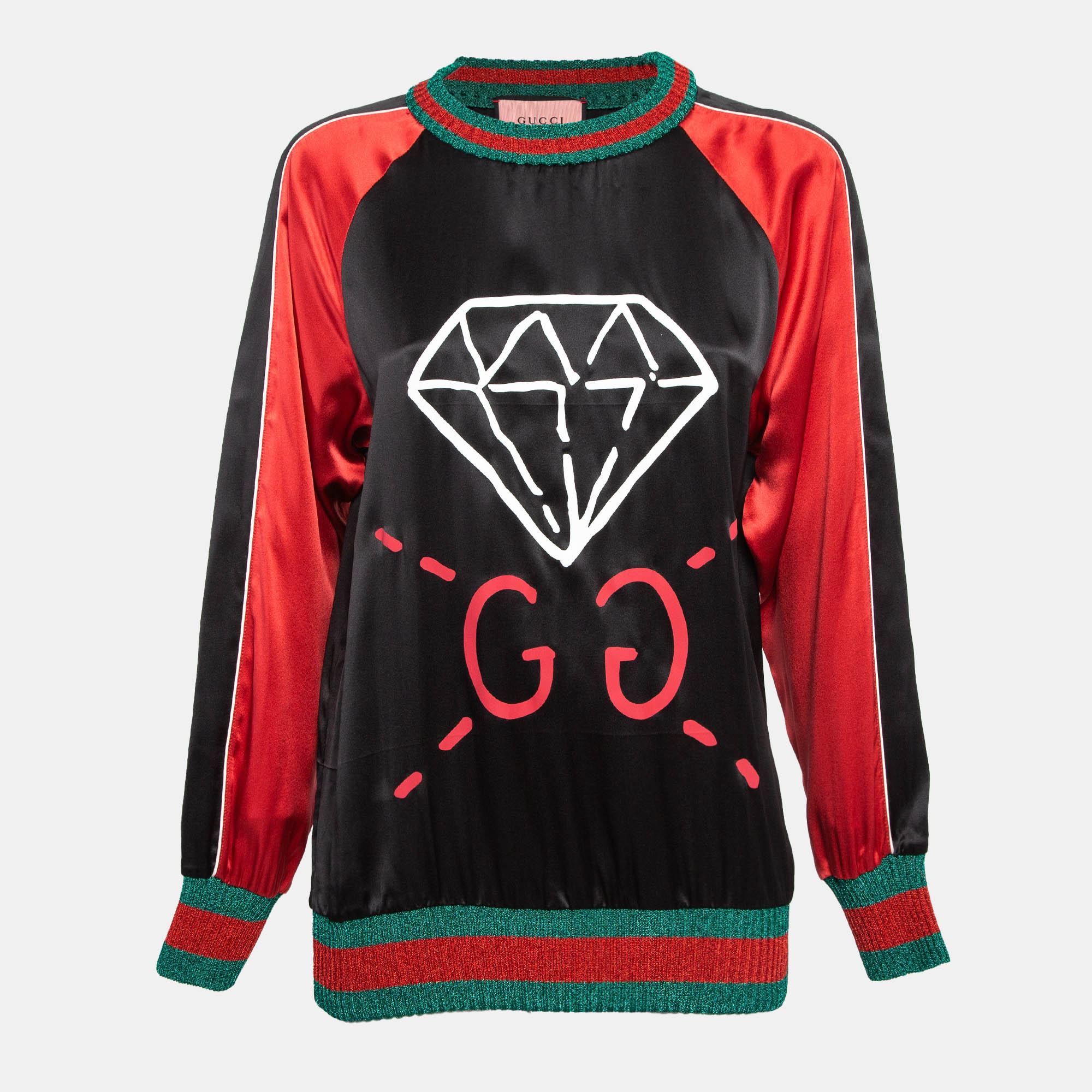 

Gucci Black/Red Ghost Diamond Print Silk Lurex Knit Trim Detail Top L