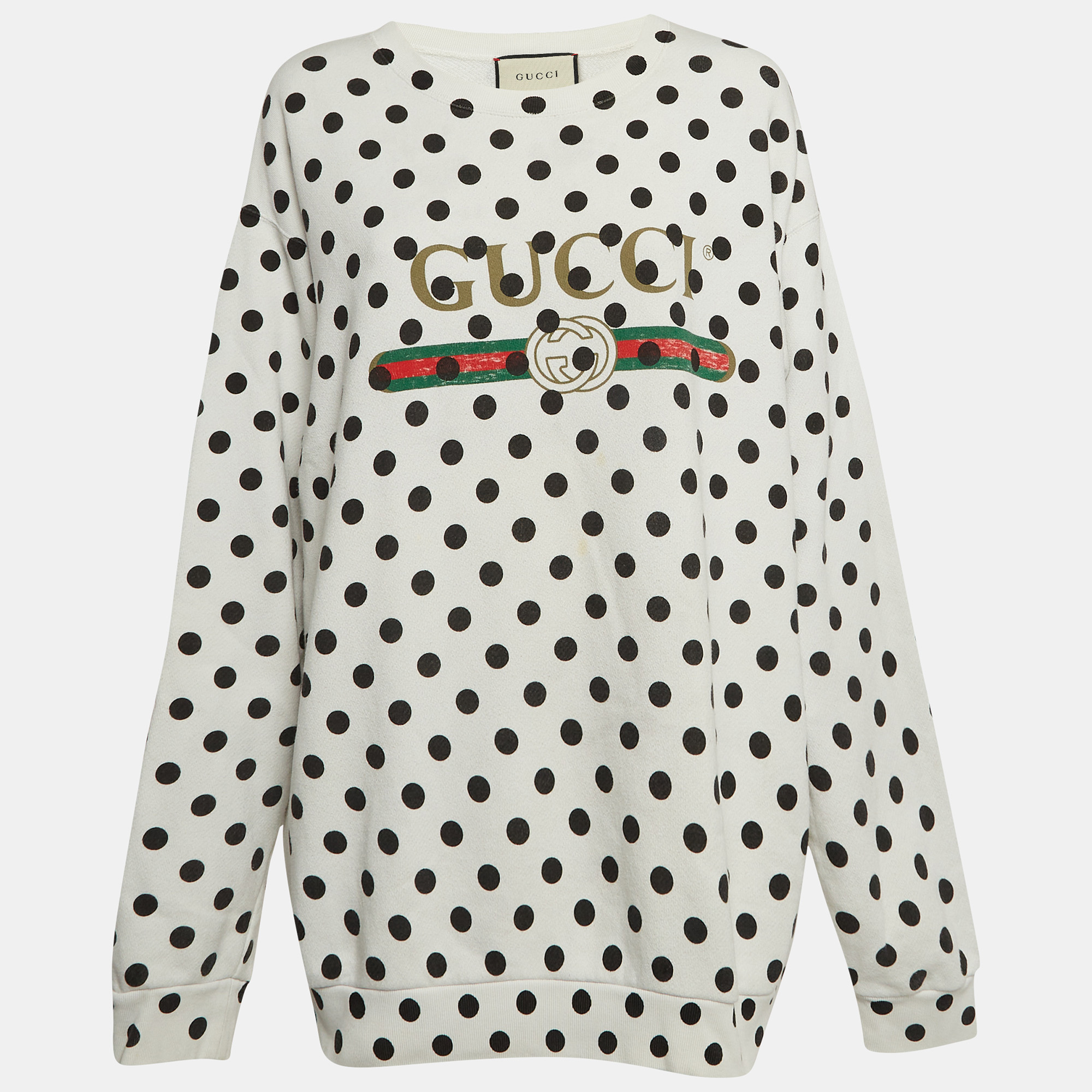 Pre-owned Gucci White Polka Dot And Logo Print Cotton Crew Neck Sweatshirt L