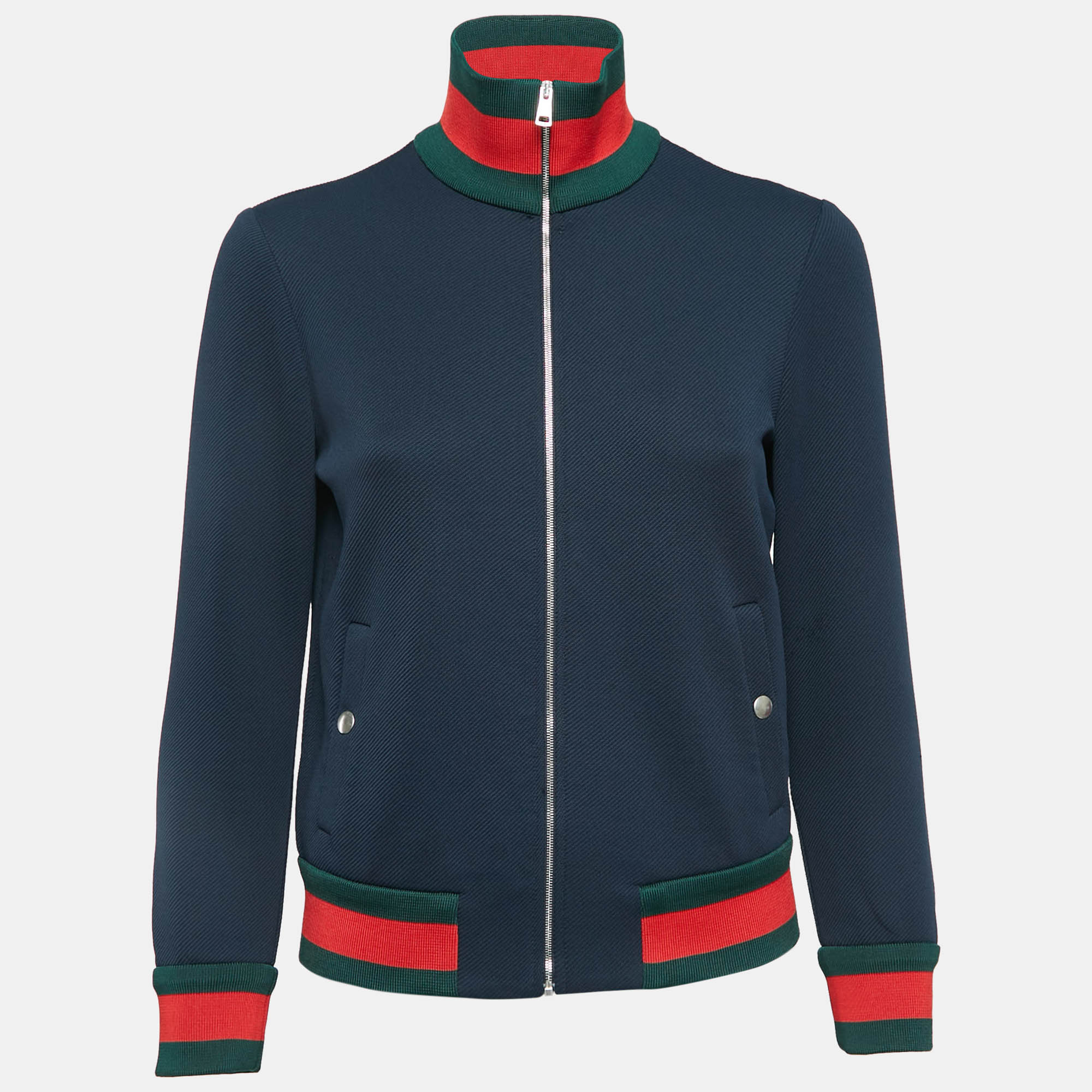 Pre-owned Gucci Navy Blue Web Nylon Drill Zip-up Jacket S