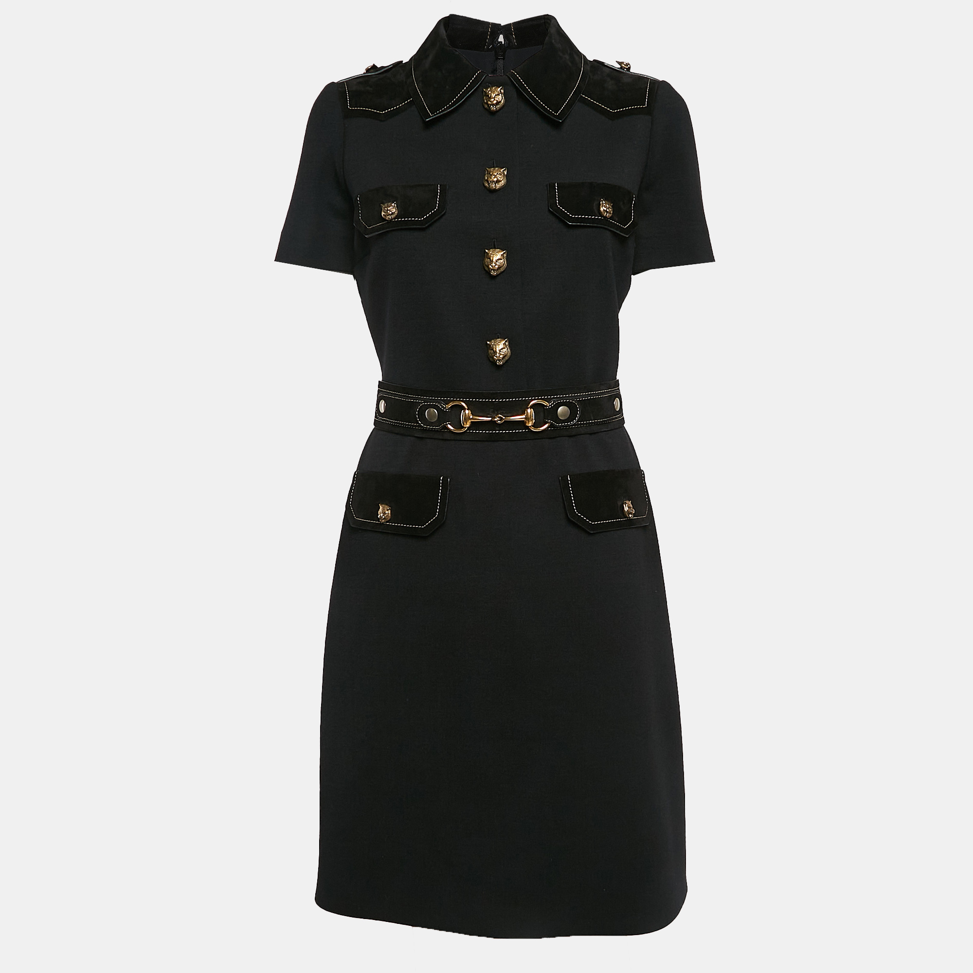 

Gucci Black Embellished Closure Wool and Suede Belted Short Dress M