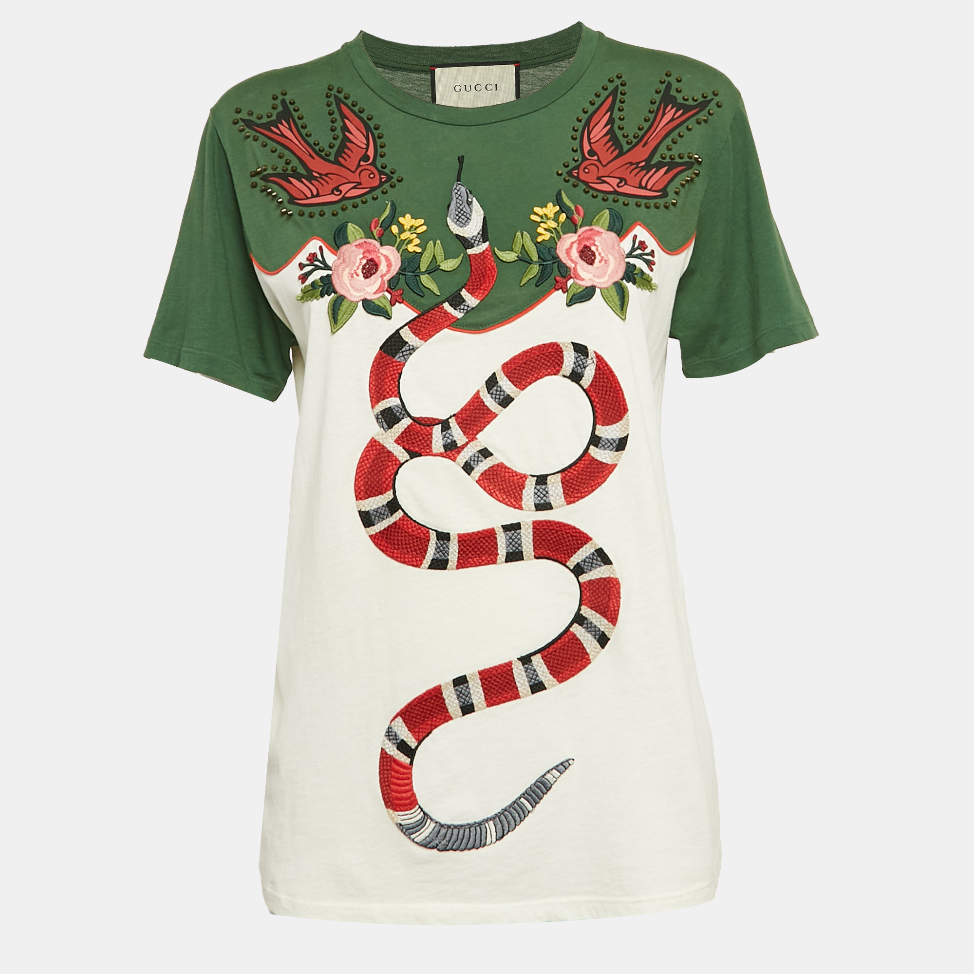 

Gucci Cream/Green Applique Jersey Cotton T-Shirt S