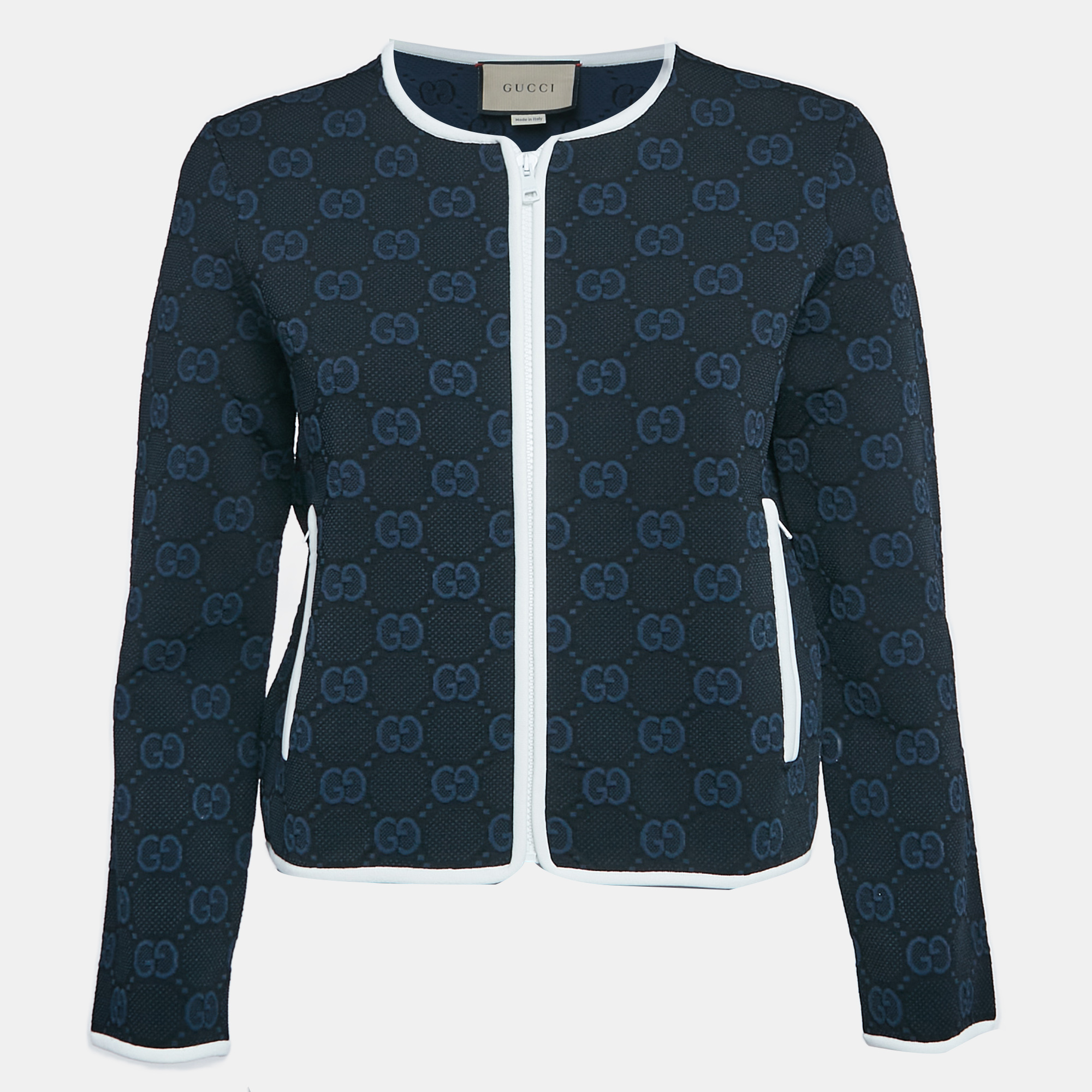 Pre-owned Gucci Navy Blue Zima Jacquard Knit Zip-up Cardigan M