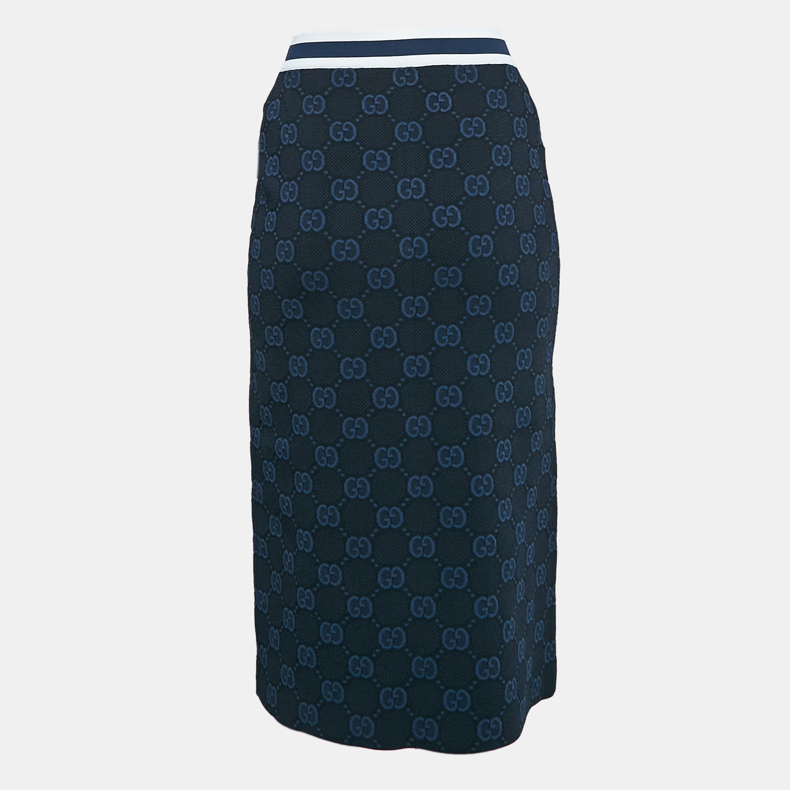 Pre-owned Gucci Navy Blue Zima Jacquard Knit Zip-up Midi Skirt S