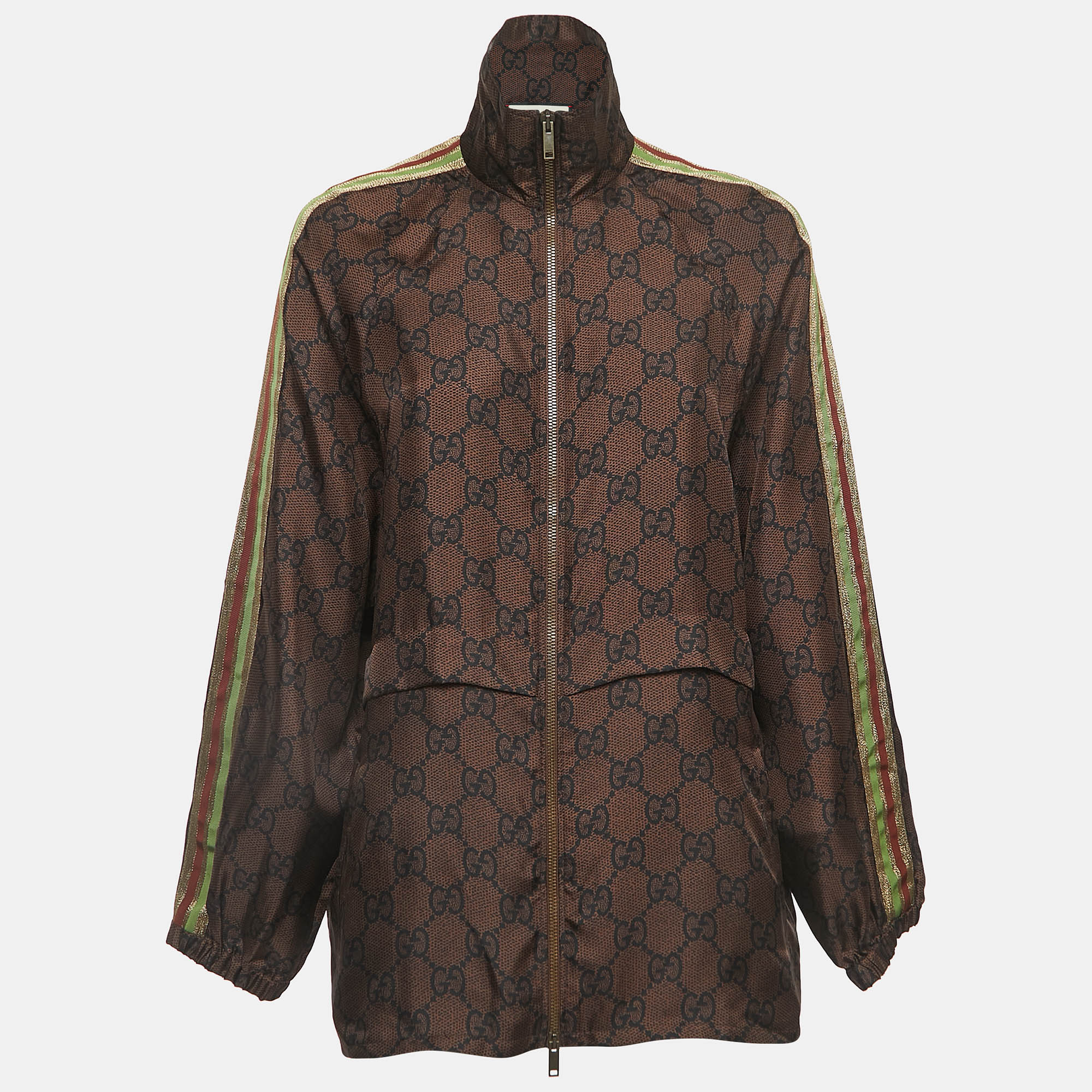 

Gucci Brown GG Supreme Print Silk Zip-Up Tape Trim Jacket S