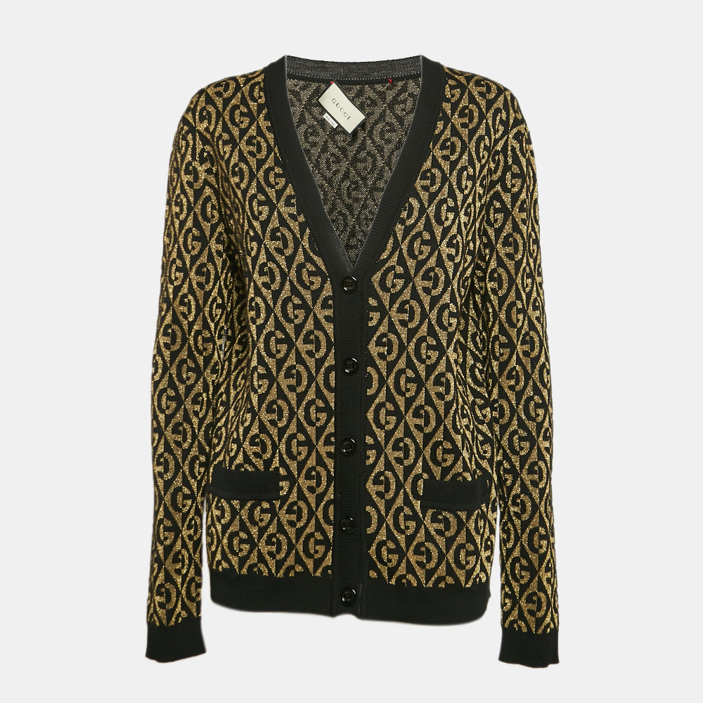 

Gucci Black/Gold Logo Patterned Wool Blend Lurex Knit Cardigan S