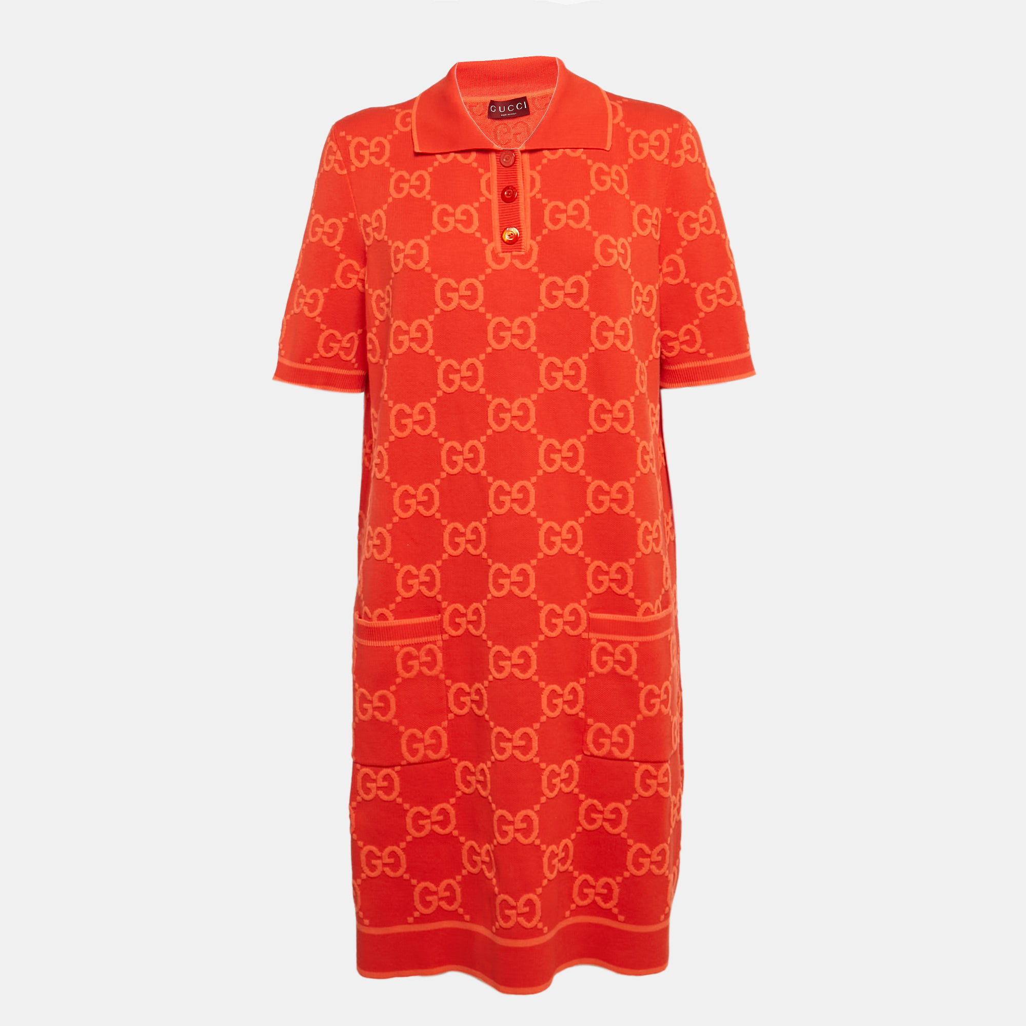 

Gucci Red GG Jacquard Cotton Knit Midi Polo Dress XL