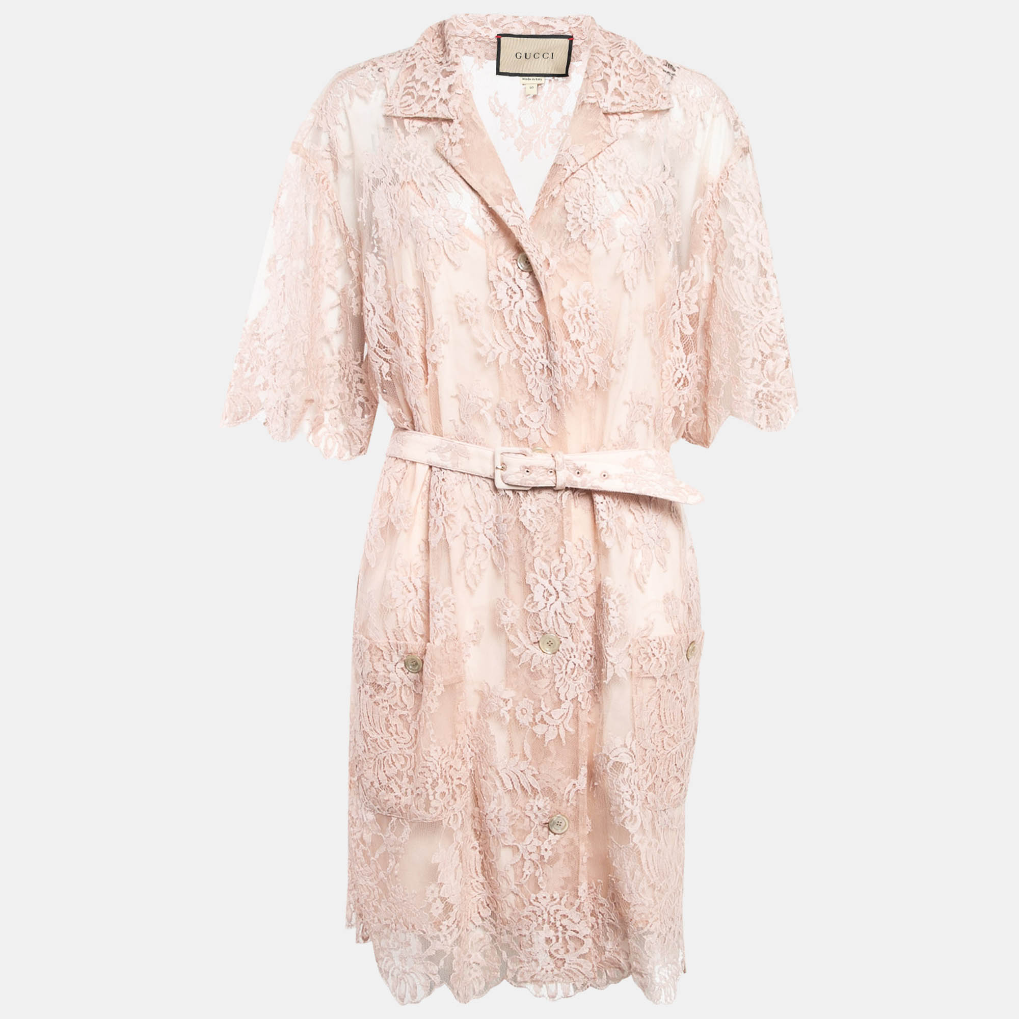 Pre-owned Gucci Pink Floral Lace Belted Shirt Dress Xl