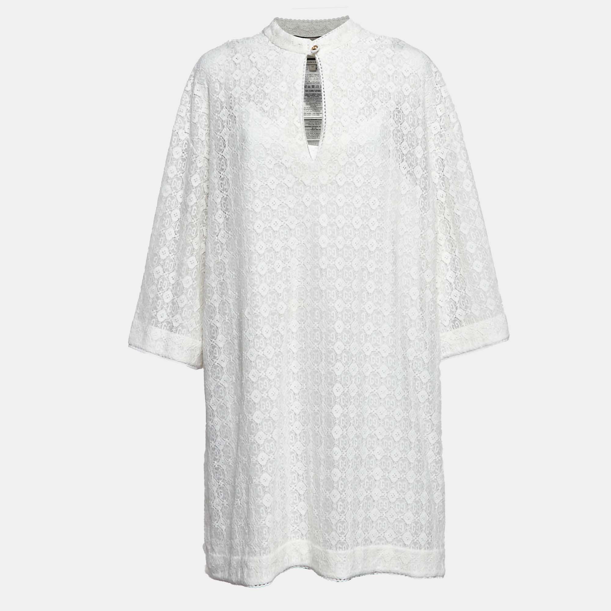 

Gucci White GG Floral Lace Mini Tunic Dress XL