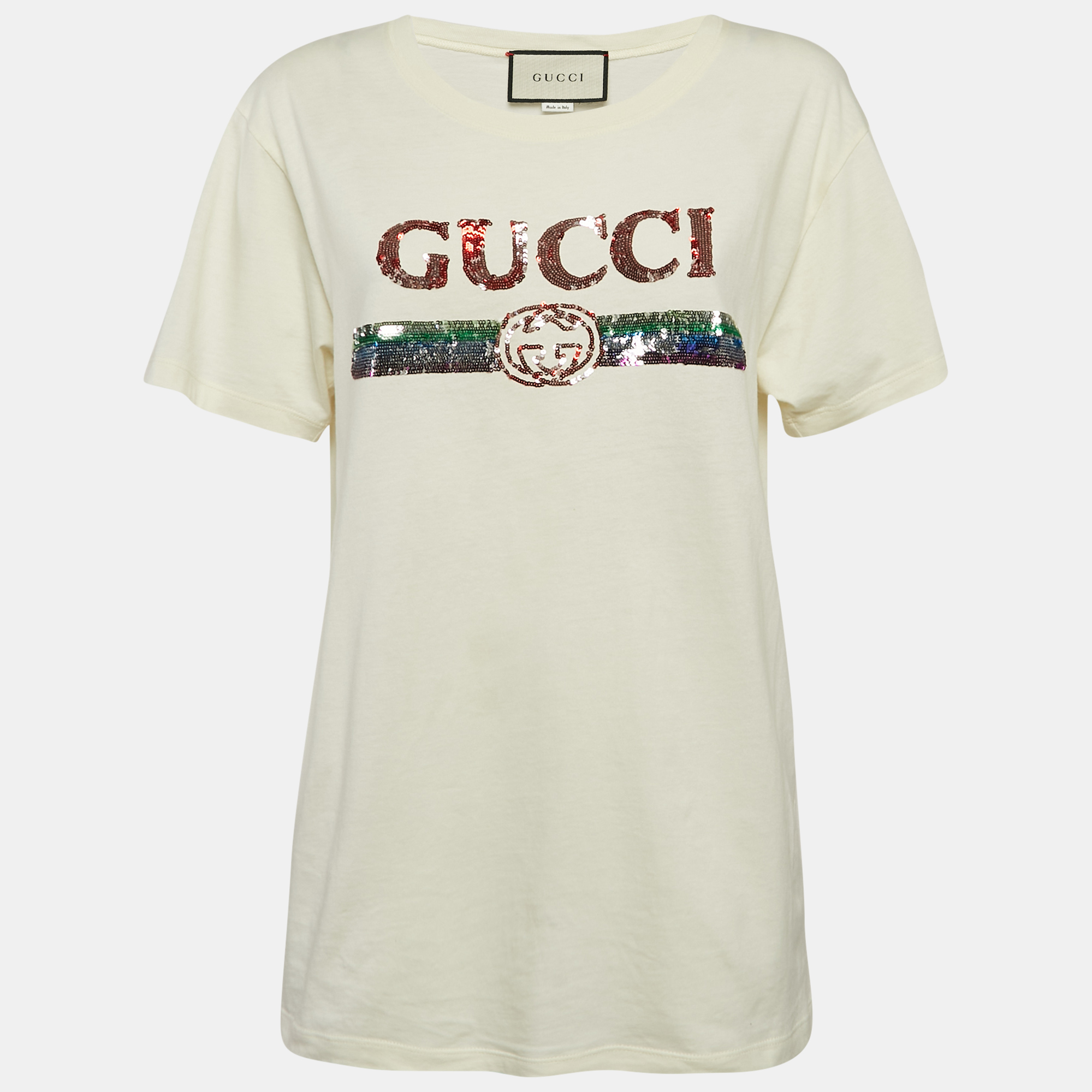 

Gucci Cream Logo Sequin Embellished Round Neck Oversize T-Shirt S