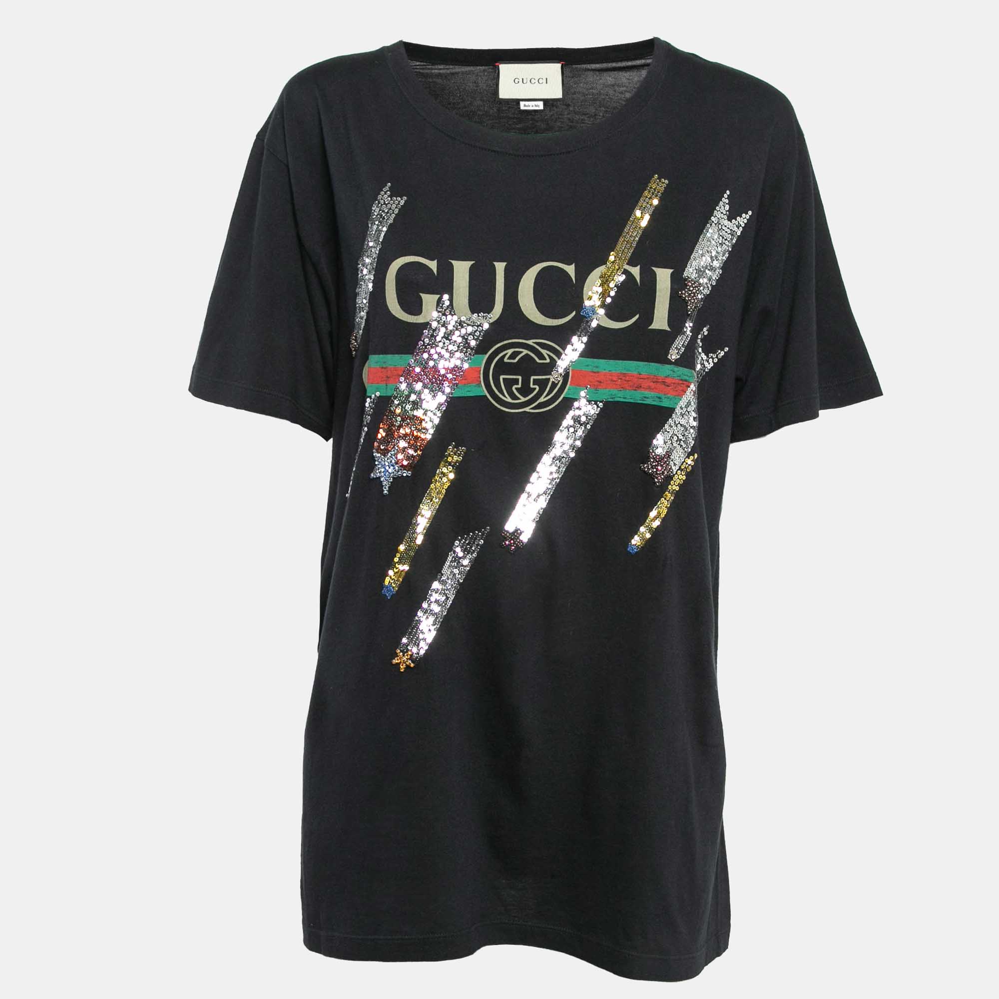 Pre-owned Gucci Black Web Print Jersey Sequin Detail T-shirt M