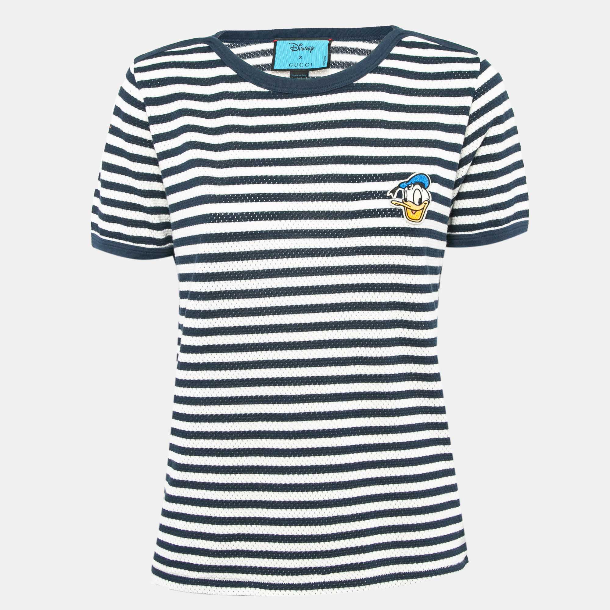 

Gucci X Disney Navy Blue Striped and Pinhole Cotton T-Shirt L