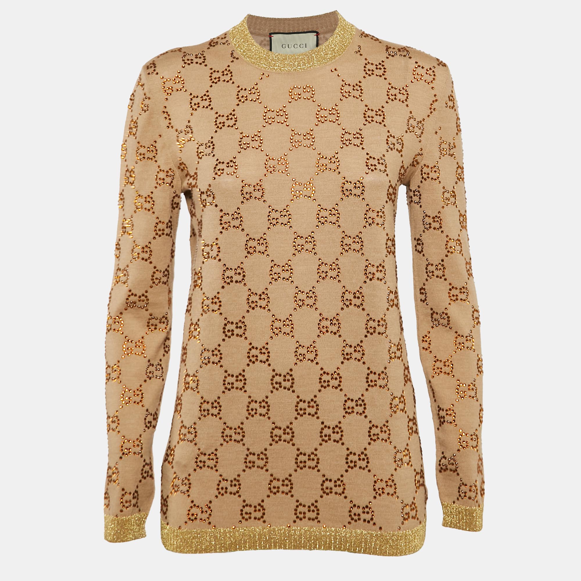 

Gucci Beige GG Rhinestone Embellished Wool Knit Sweatshirt S, Brown