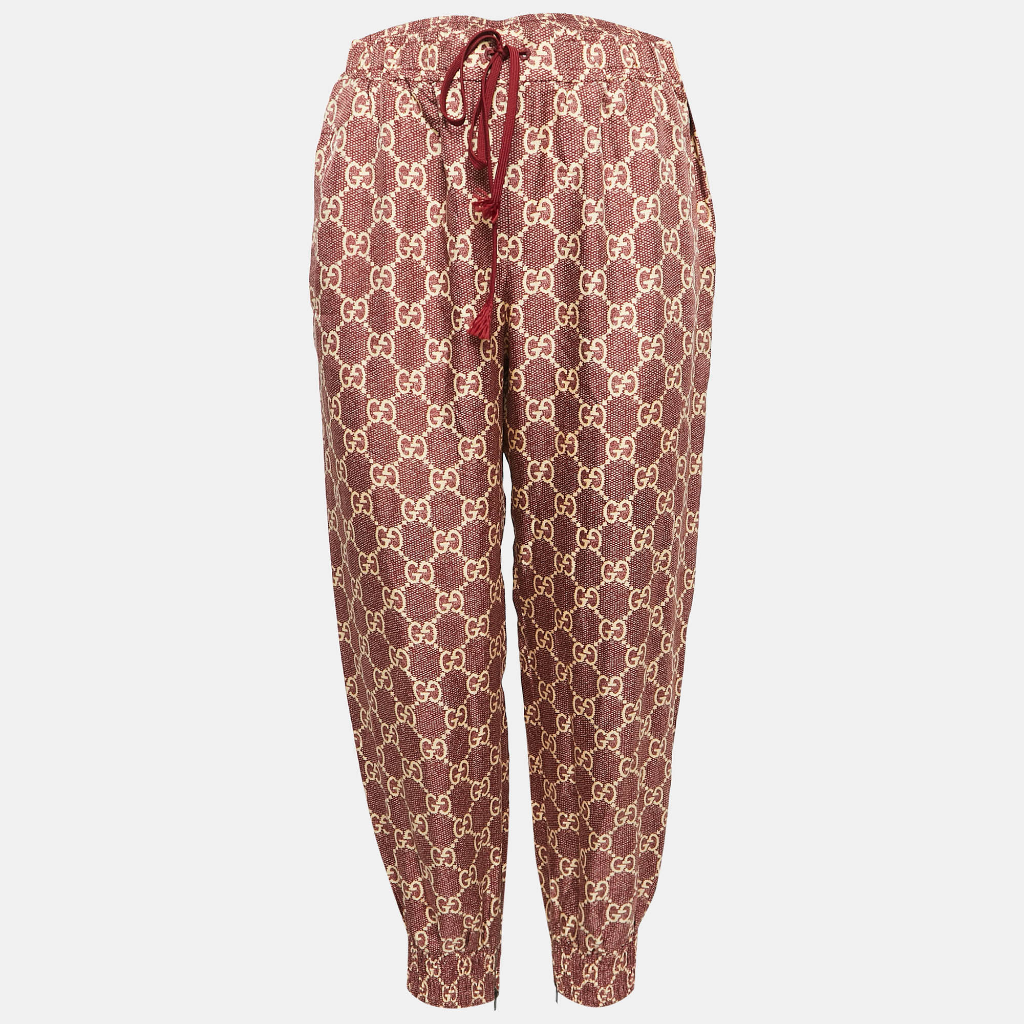 

Gucci Burgundy GG Supreme Print Silk Joggers L, Red