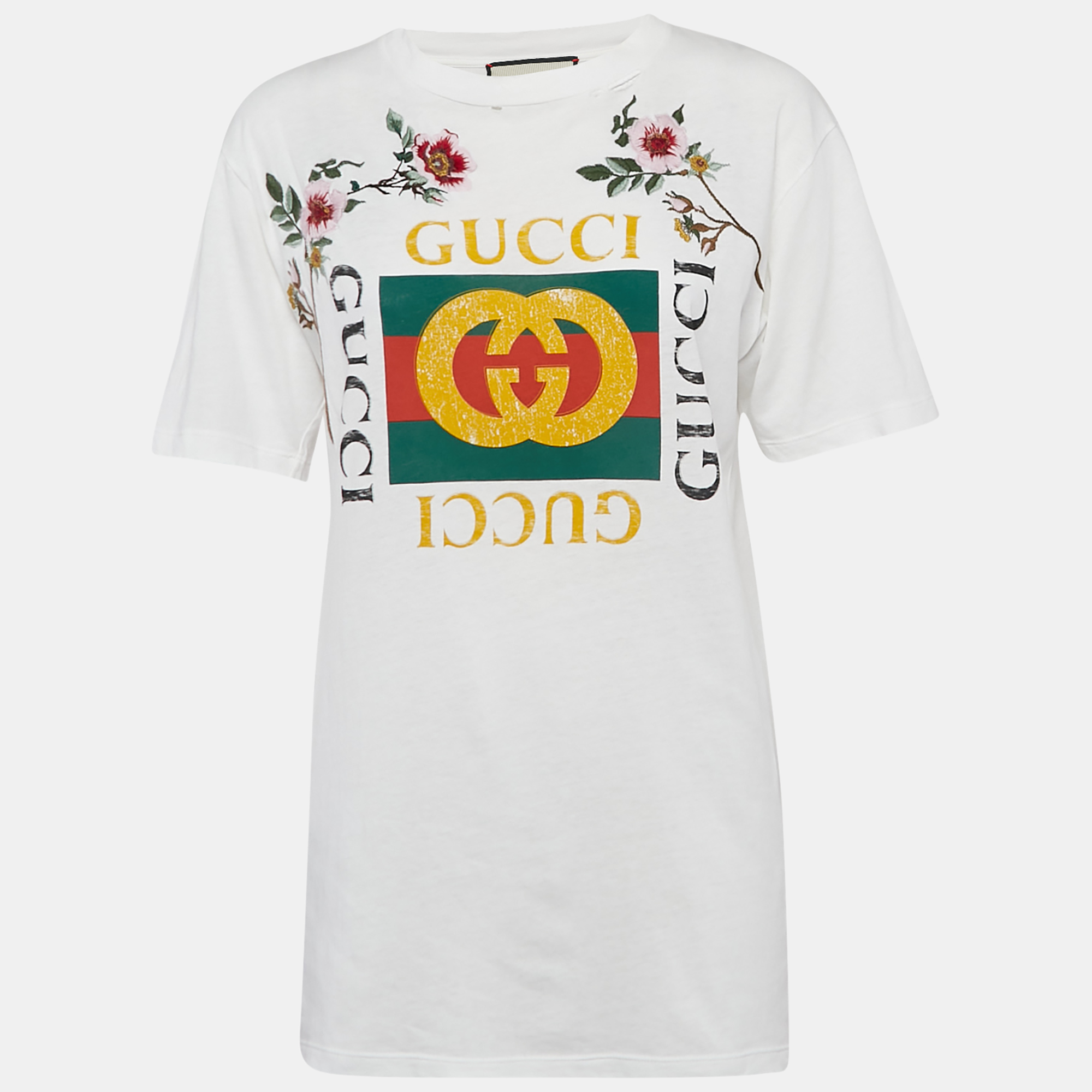 

Gucci White Floral Embroidery Cotton Distressed T-Shirt XXS