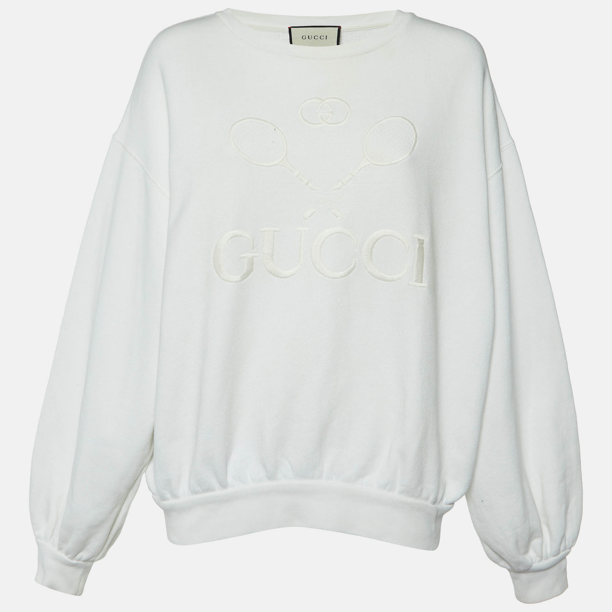 

Gucci White Tennis Embroidered Cotton Knit Sweatshirt M