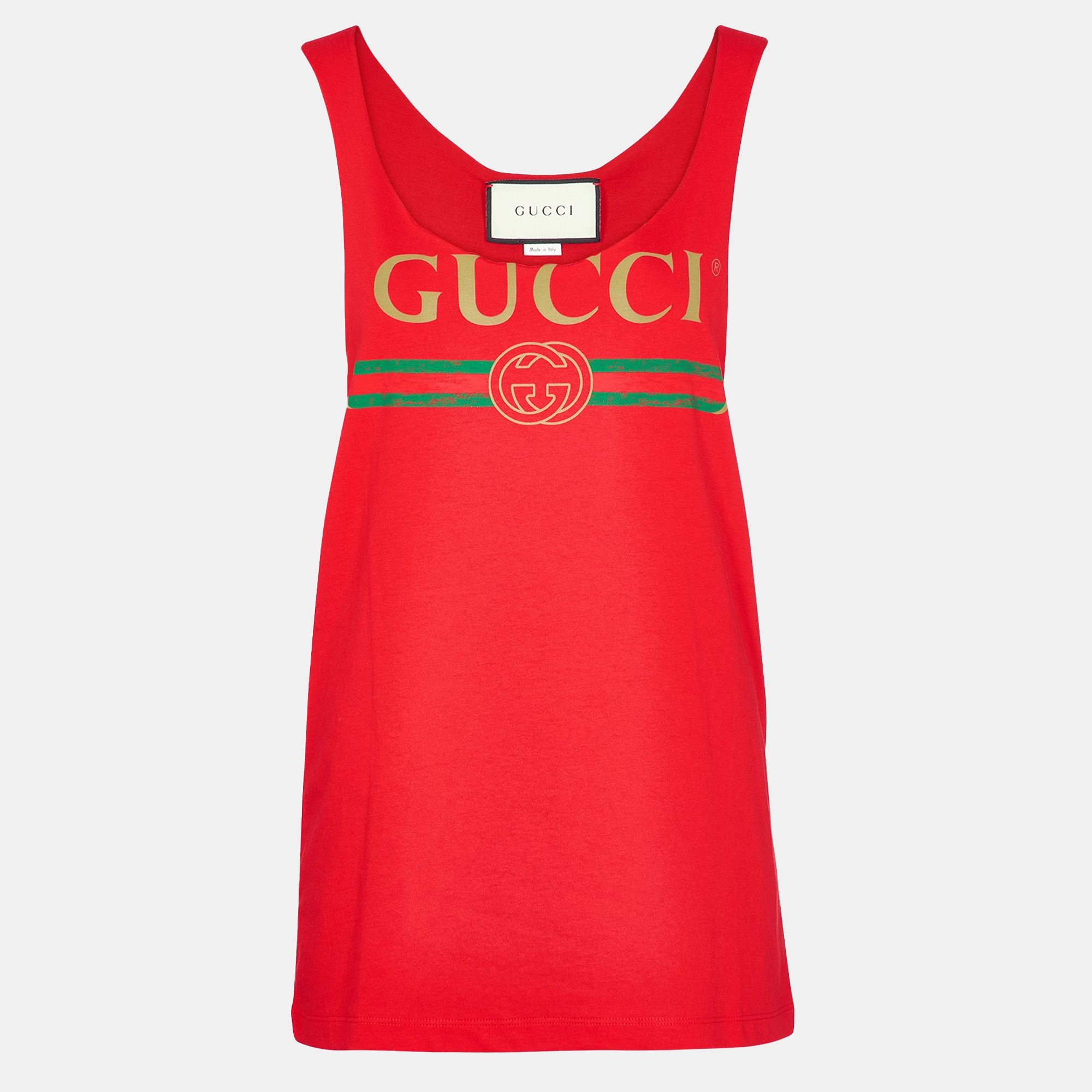 

Gucci Red Logo Print Cotton Jersey Distressed Tank Top XXS