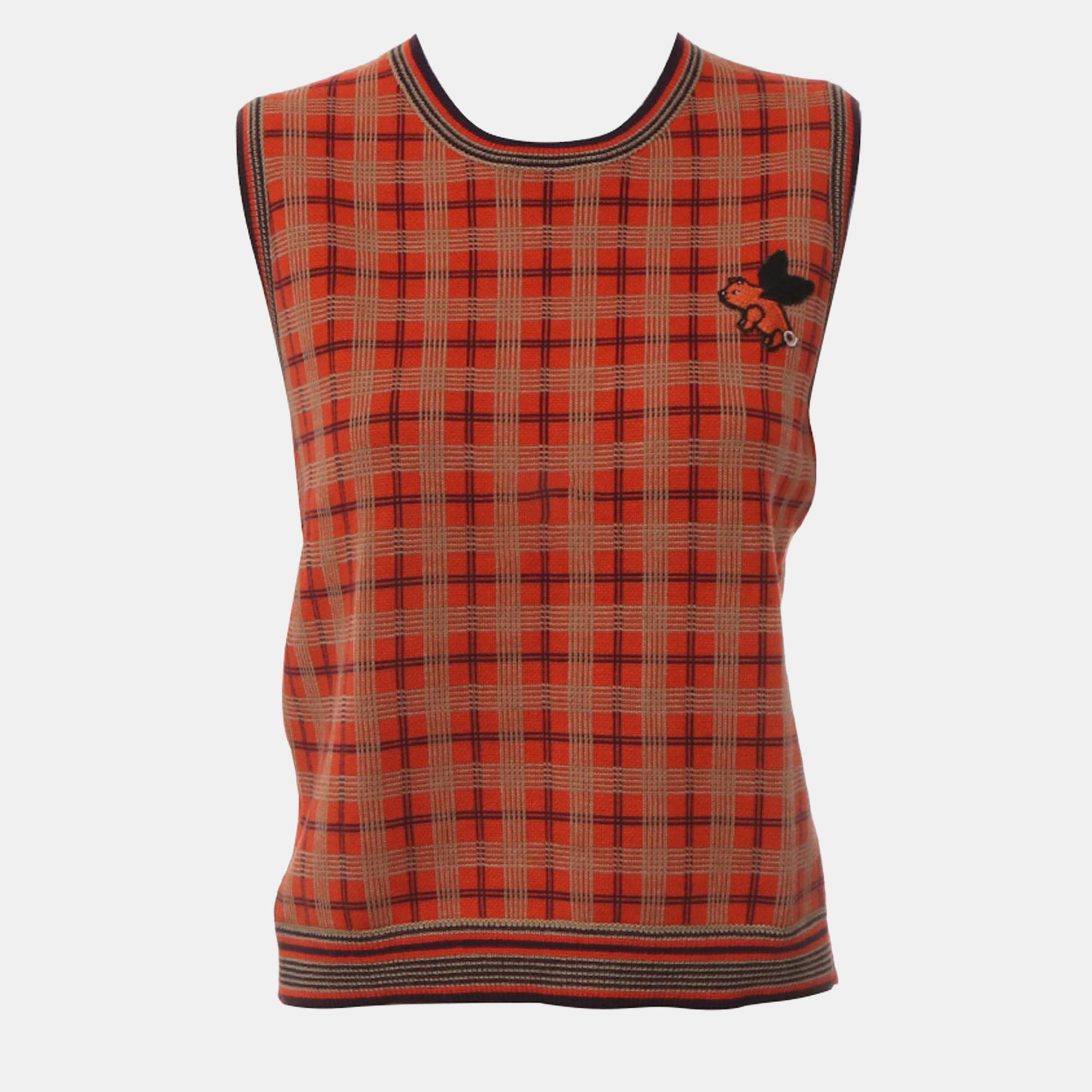 

Gucci Plaid Wool Sleeveless Sweater, Orange