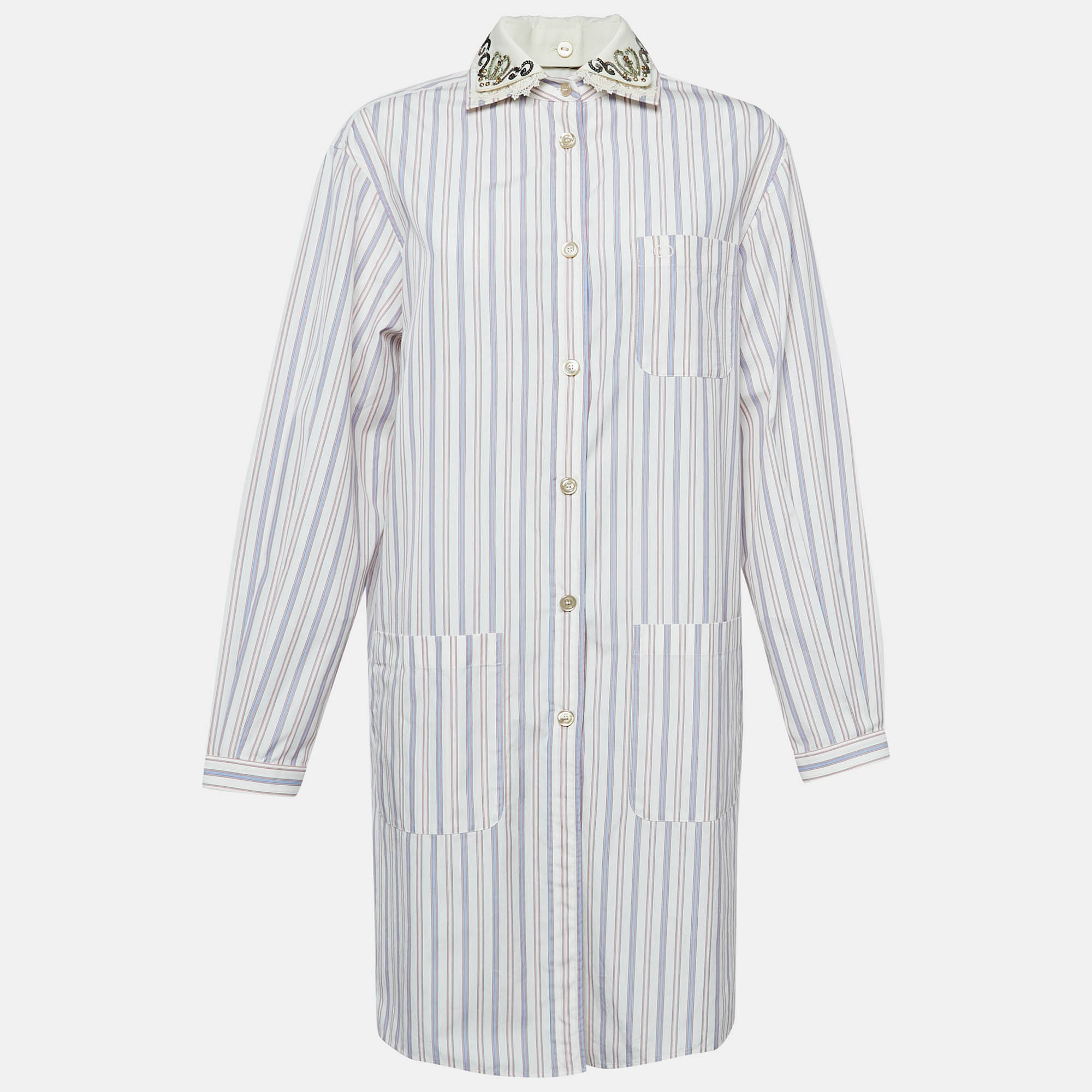 

Gucci White Stripe Cotton Detachable Embellished Collar Shirt Dress M