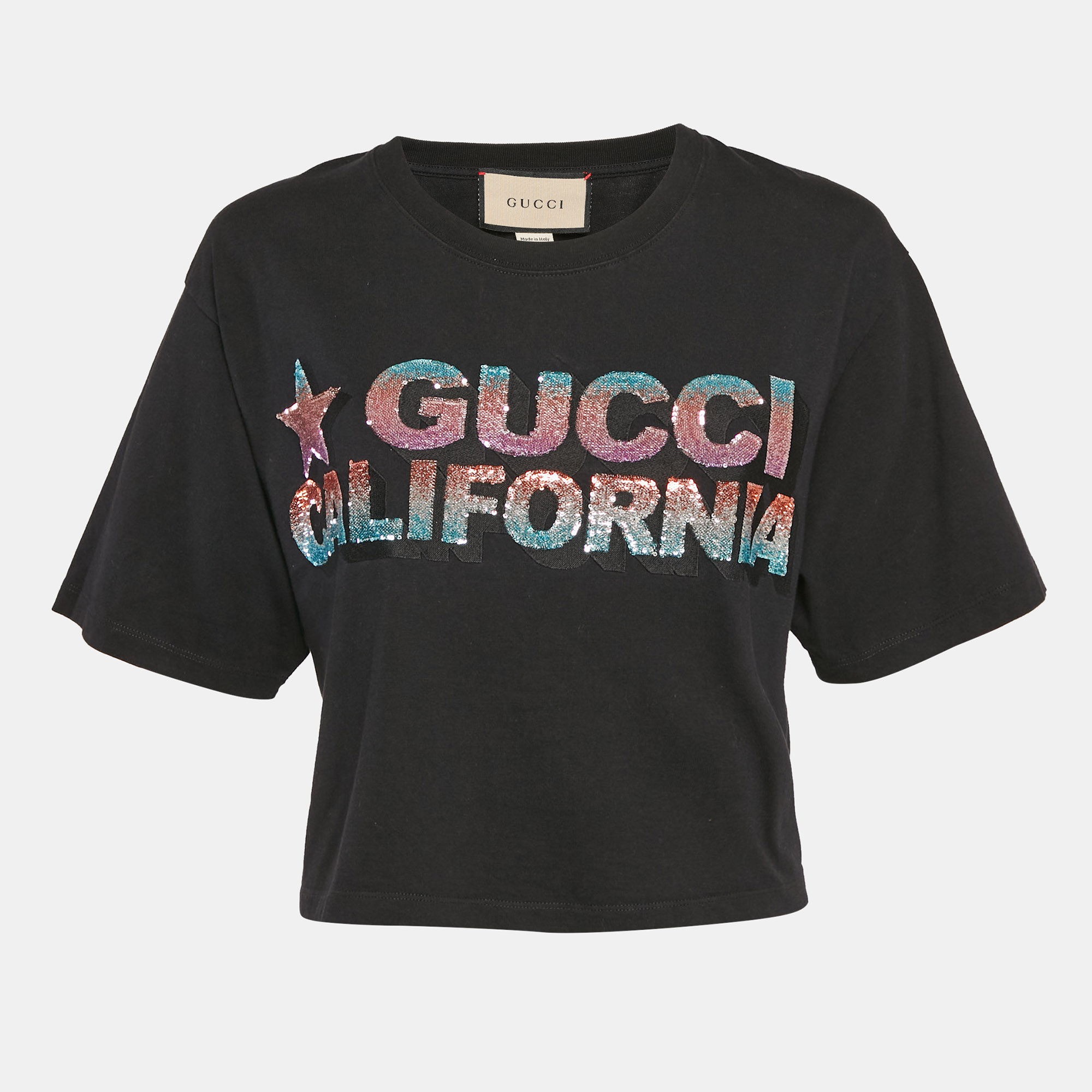 

Gucci Black Sequin Embroidered Cotton Crop T-Shirt M