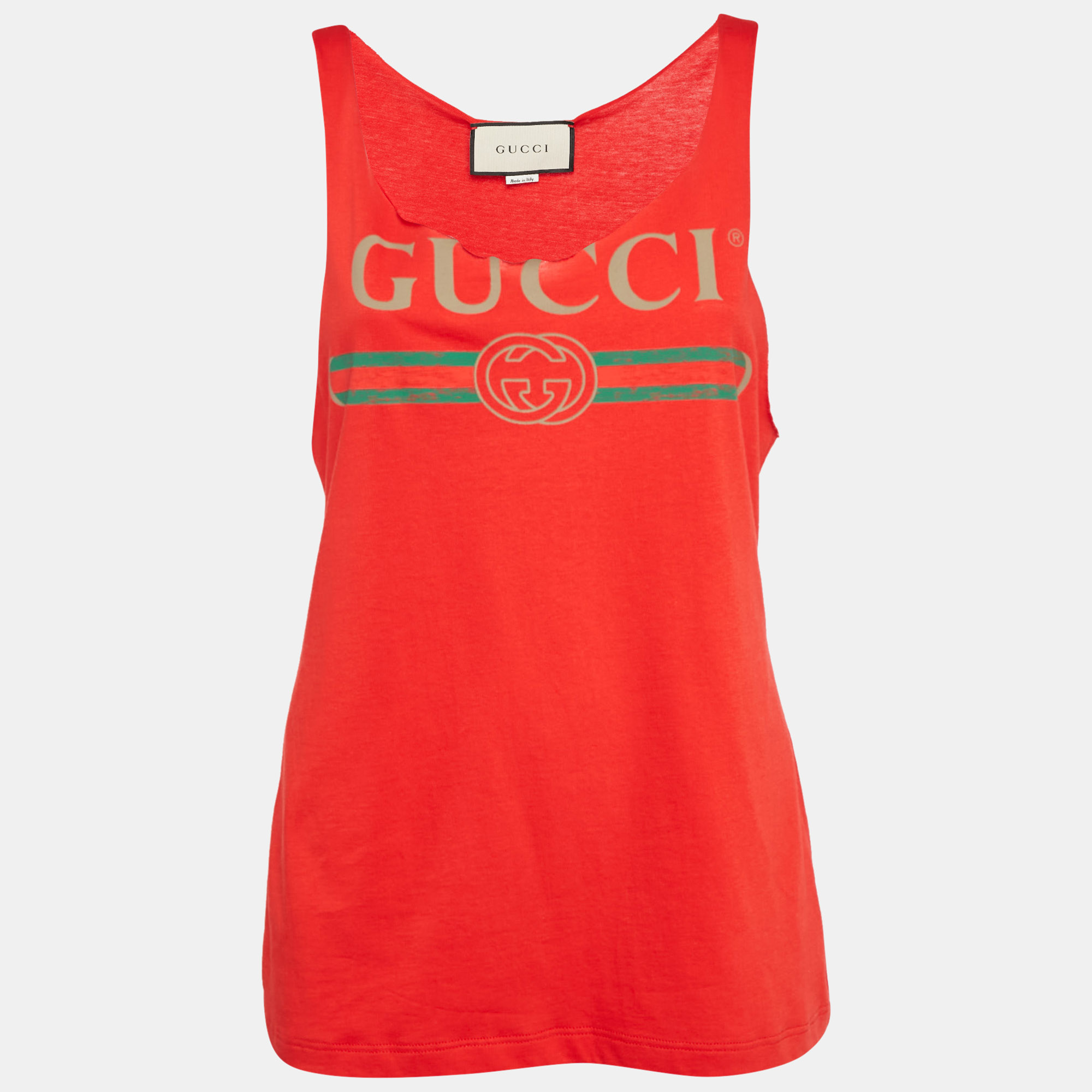 

Gucci Red Vintage Logo Print Jersey Distressed Tank Top S