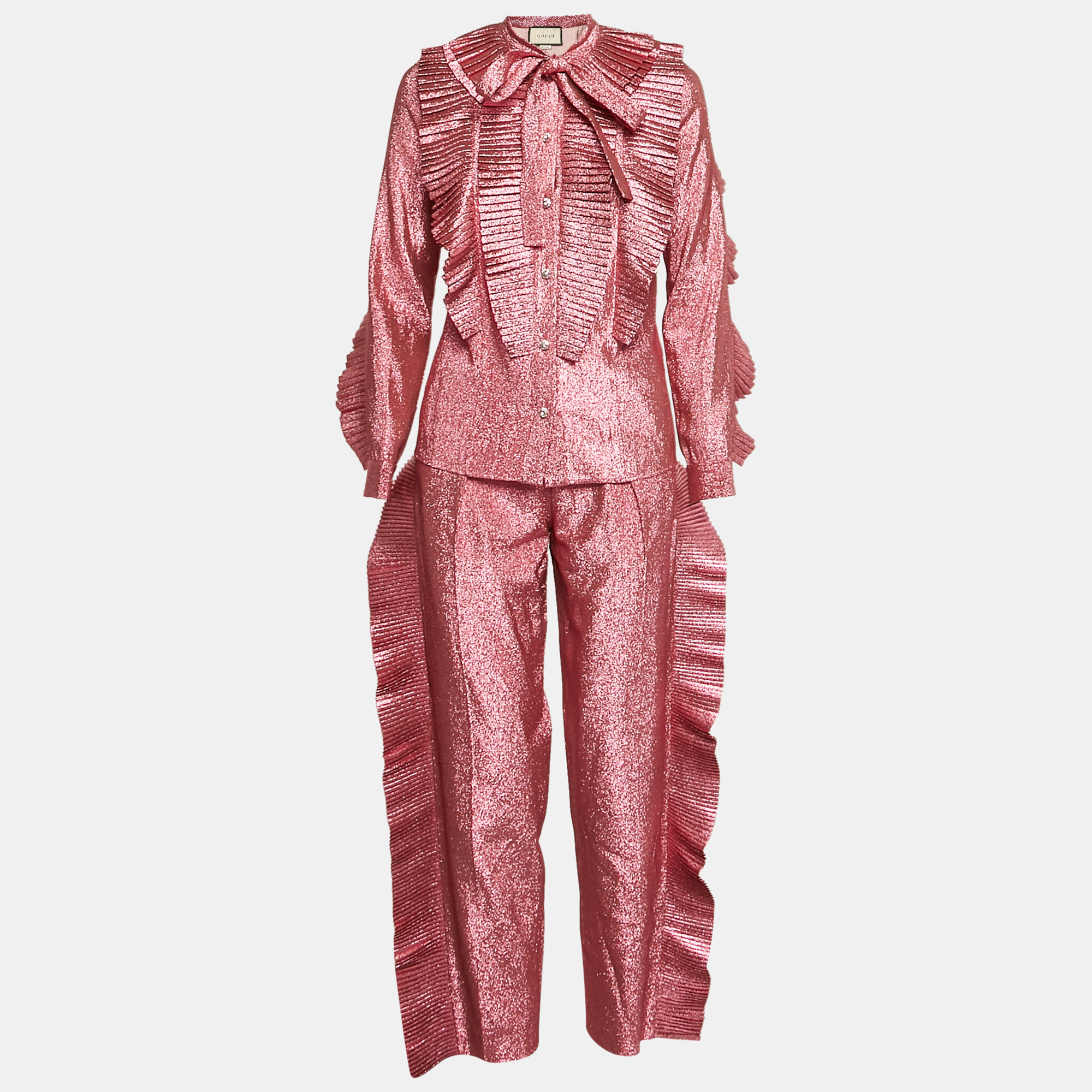 

Gucci Pink Lurex Ruffle Detail Pants and Shirt Set S