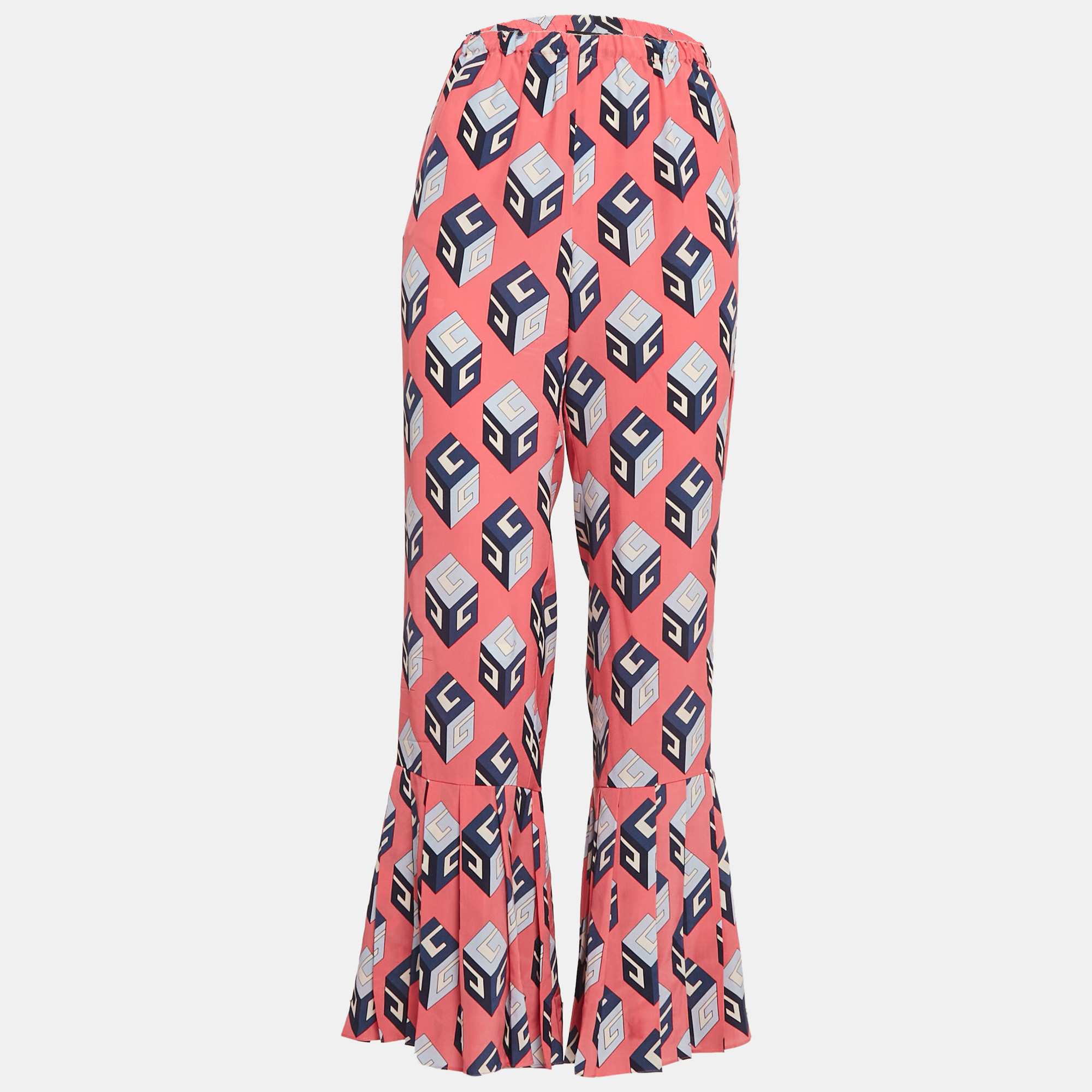 

Gucci Pink Geometric Print Silk Pleated Flare Hem Trousers S