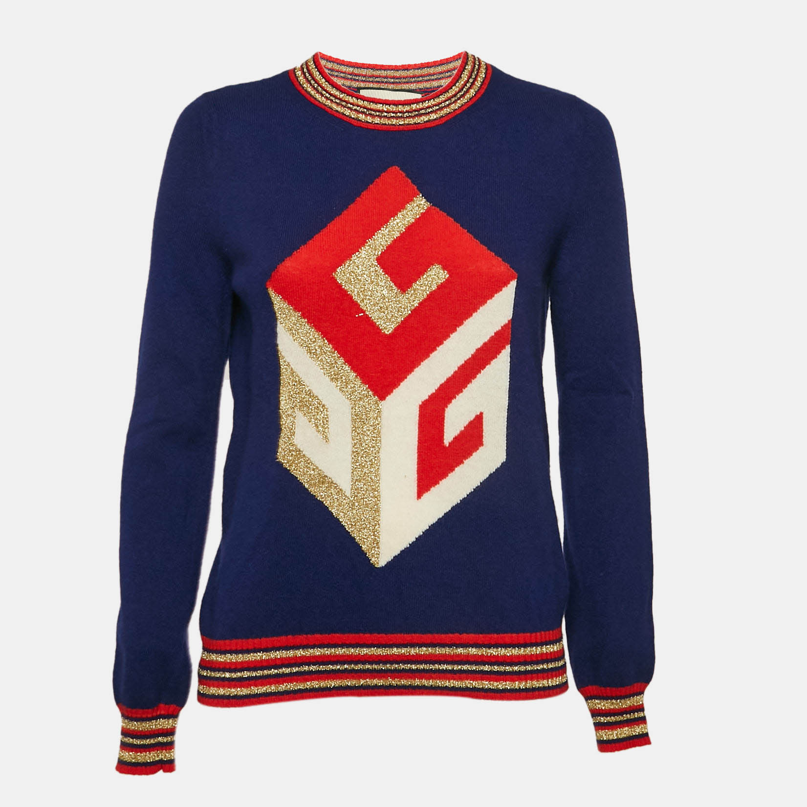 

Gucci Navy Blue Cube Intarsia Lurex Wool Knit Sweater XS