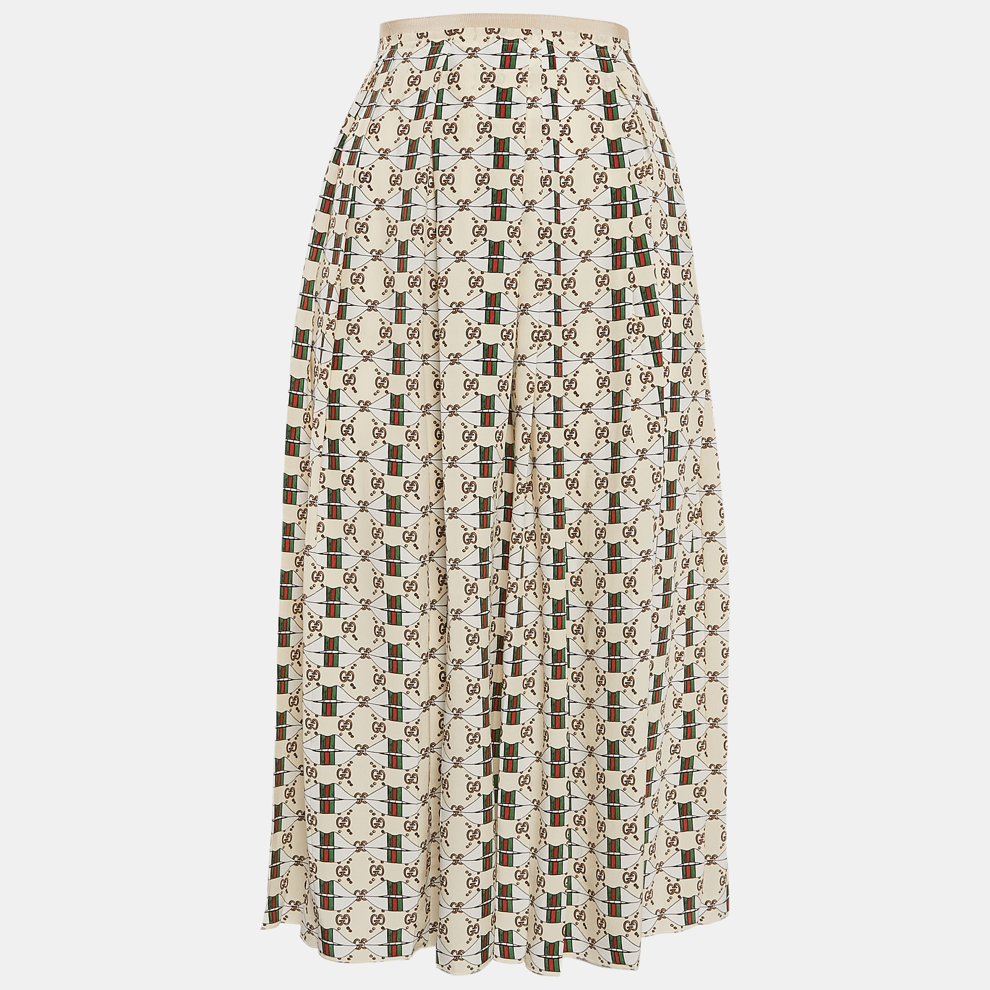 

Gucci Beige Web Kisses & Logo Monogram Print Silk Pleated Midi Skirt S, Cream