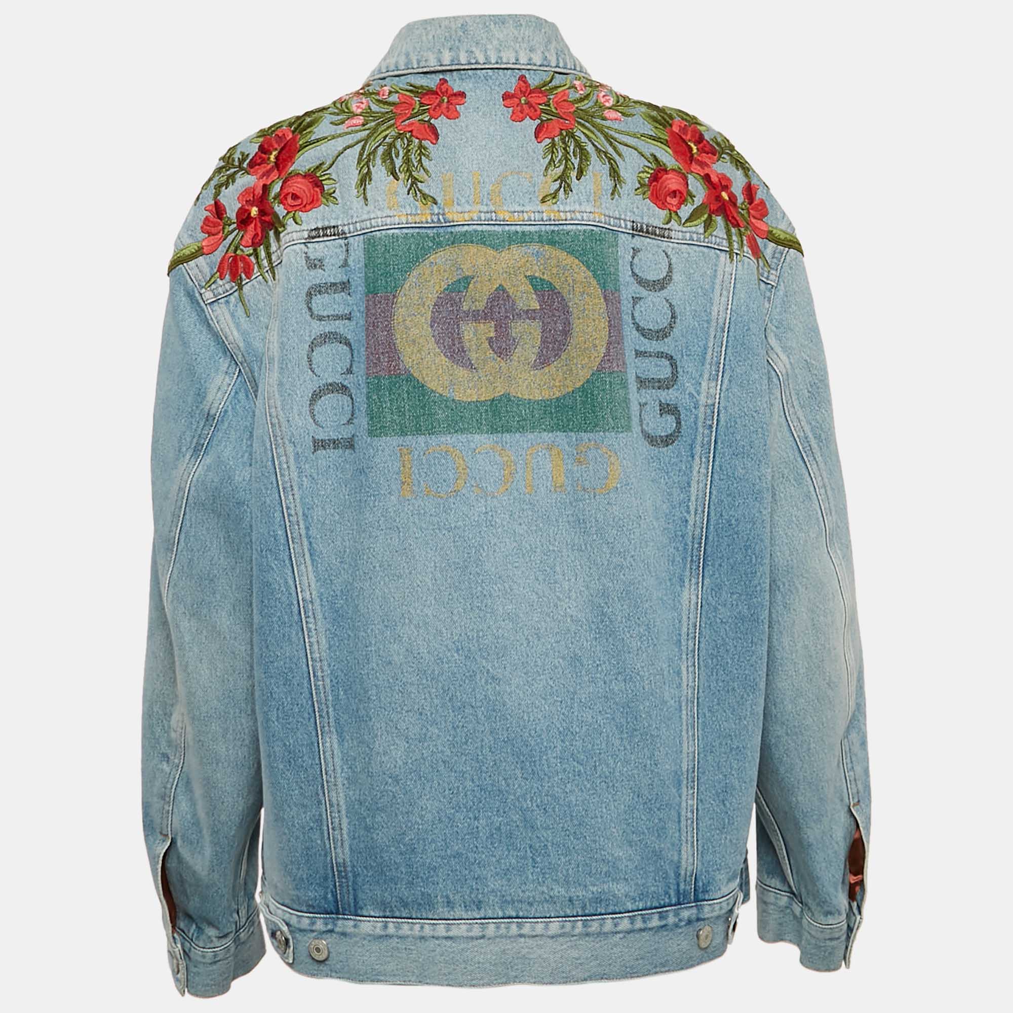 Gucci Blue Vintage Logo Print Denim Applique Detail Jacket L 