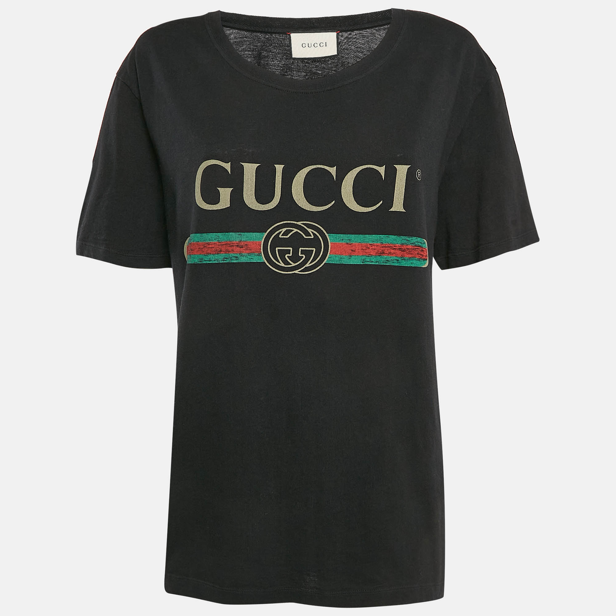 

Gucci Black Vintage Logo Print Jersey Distressed T-Shirt XS