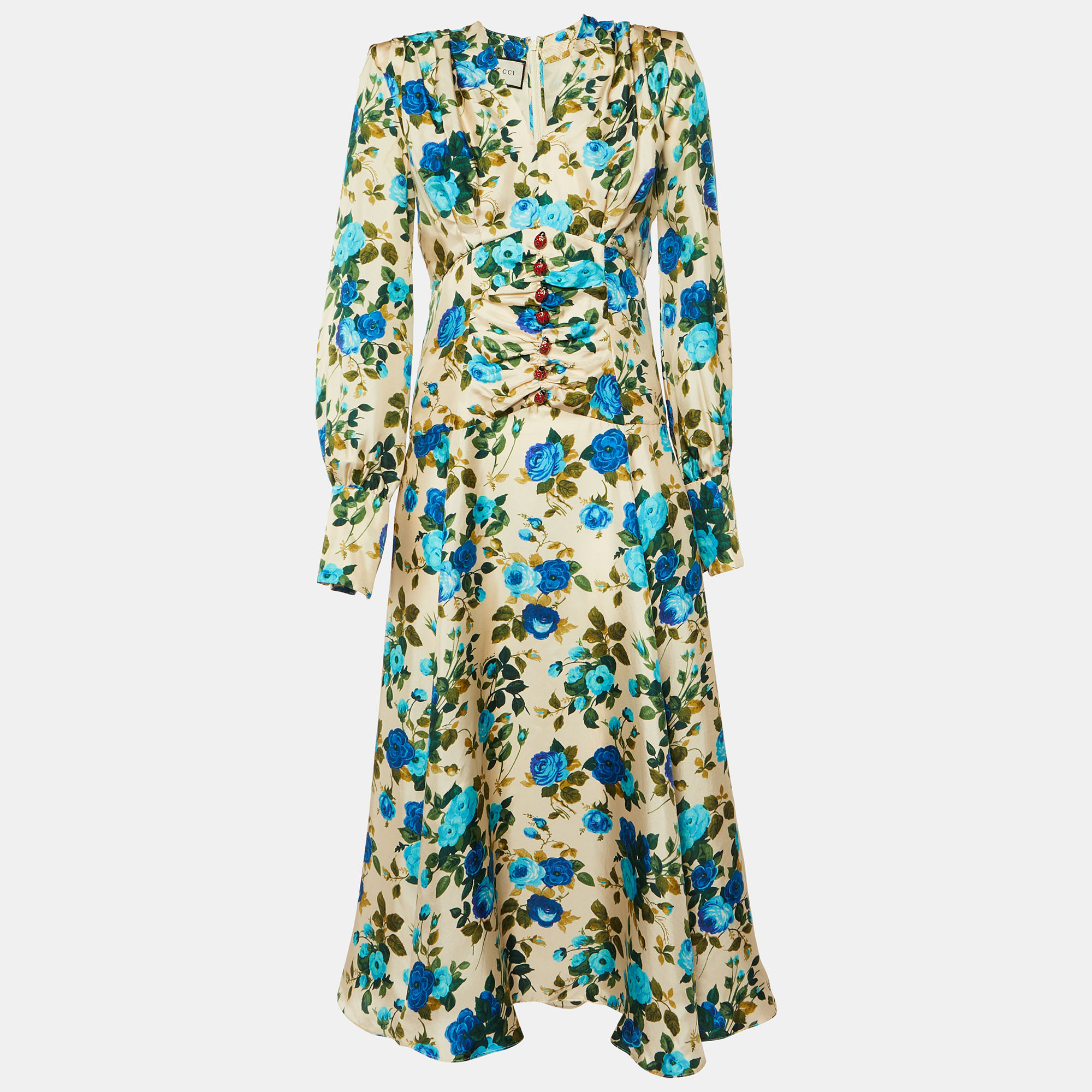 

Gucci Cream/Blue Rose Print Silk Ruched Detail Long Dress M