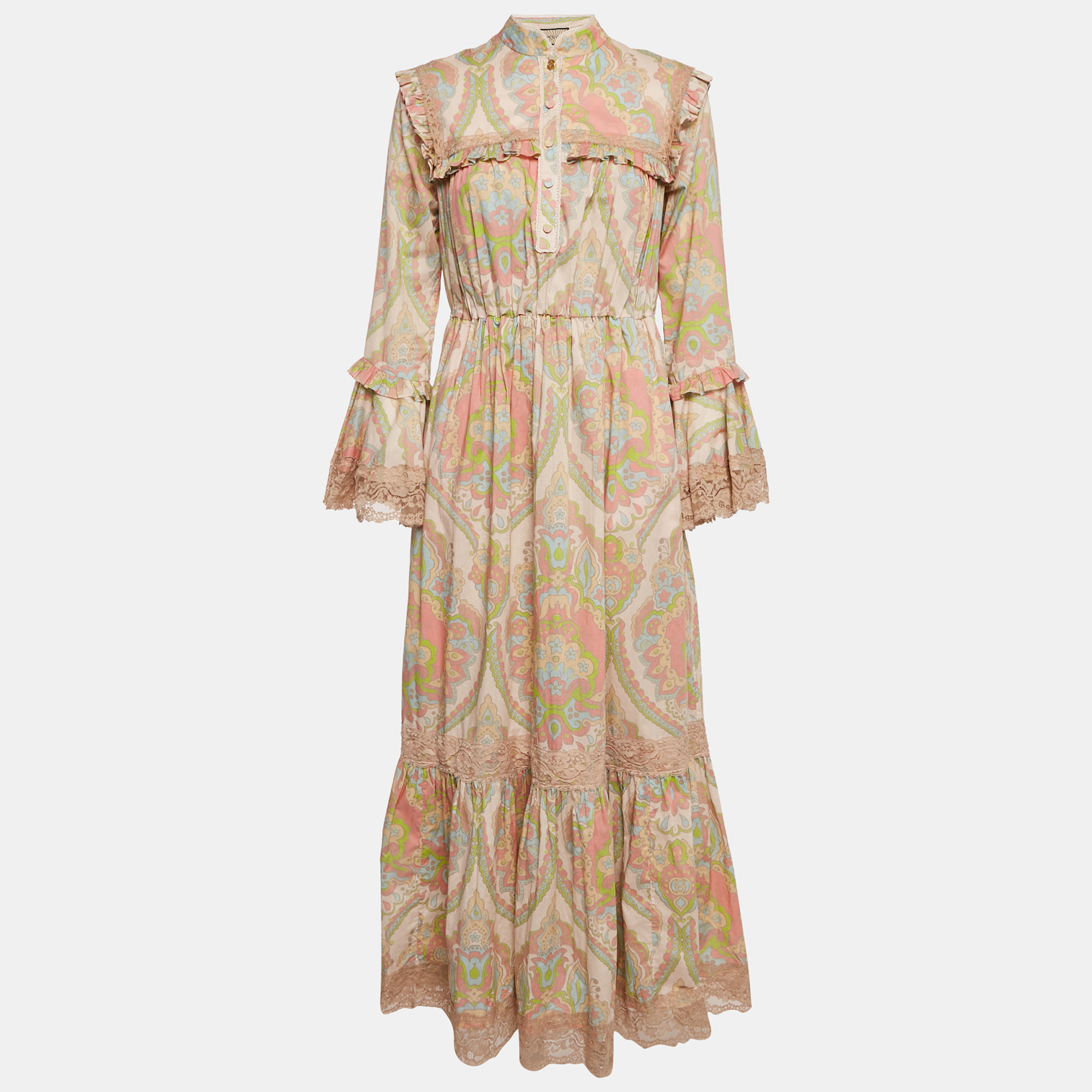 

Gucci Pink Printed Silk Blend Ruffled Maxi Dress S