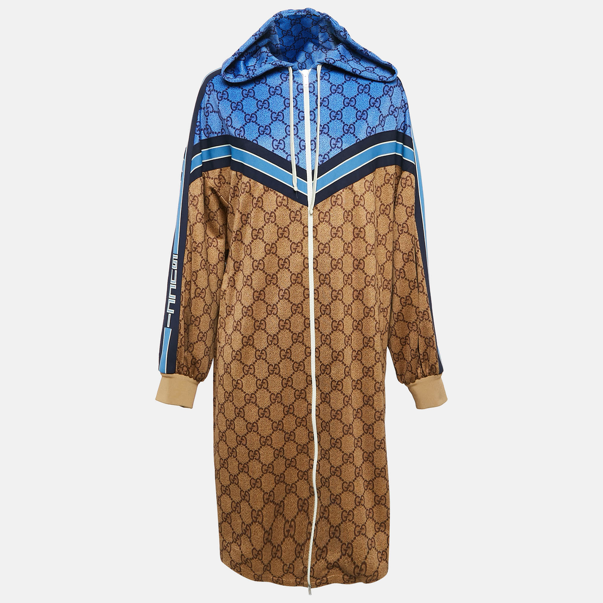 

Gucci Brown GG Supreme Print Jersey Zip-Up Pleated Mini Dress S