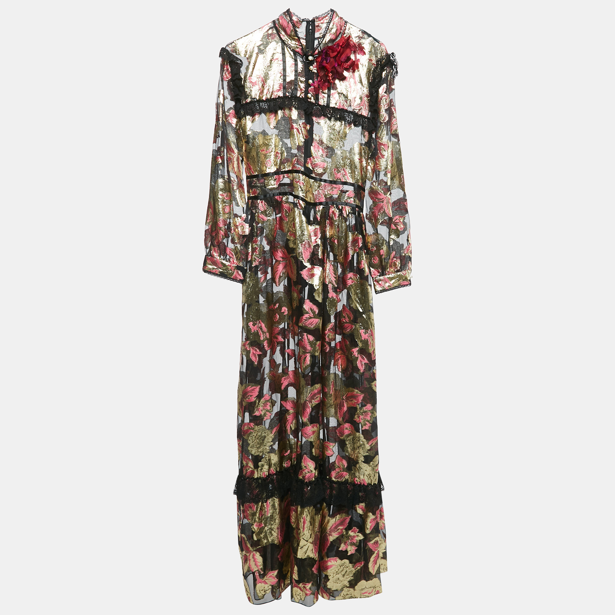 

Gucci Black/Metallic Floral Brocade Sheer Ruffled Maxi Dress L