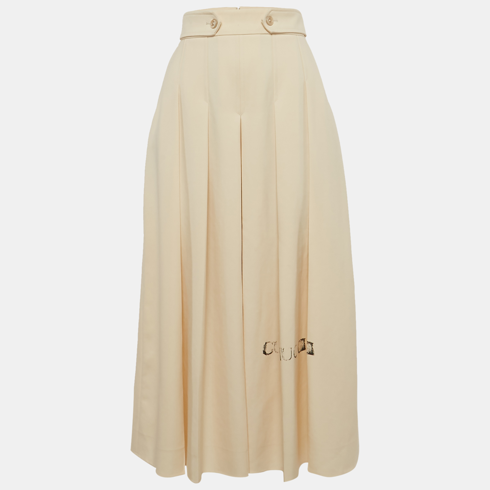 

Gucci Cream Logo Print Gabardine Pleated Wool Culottes Trousers S