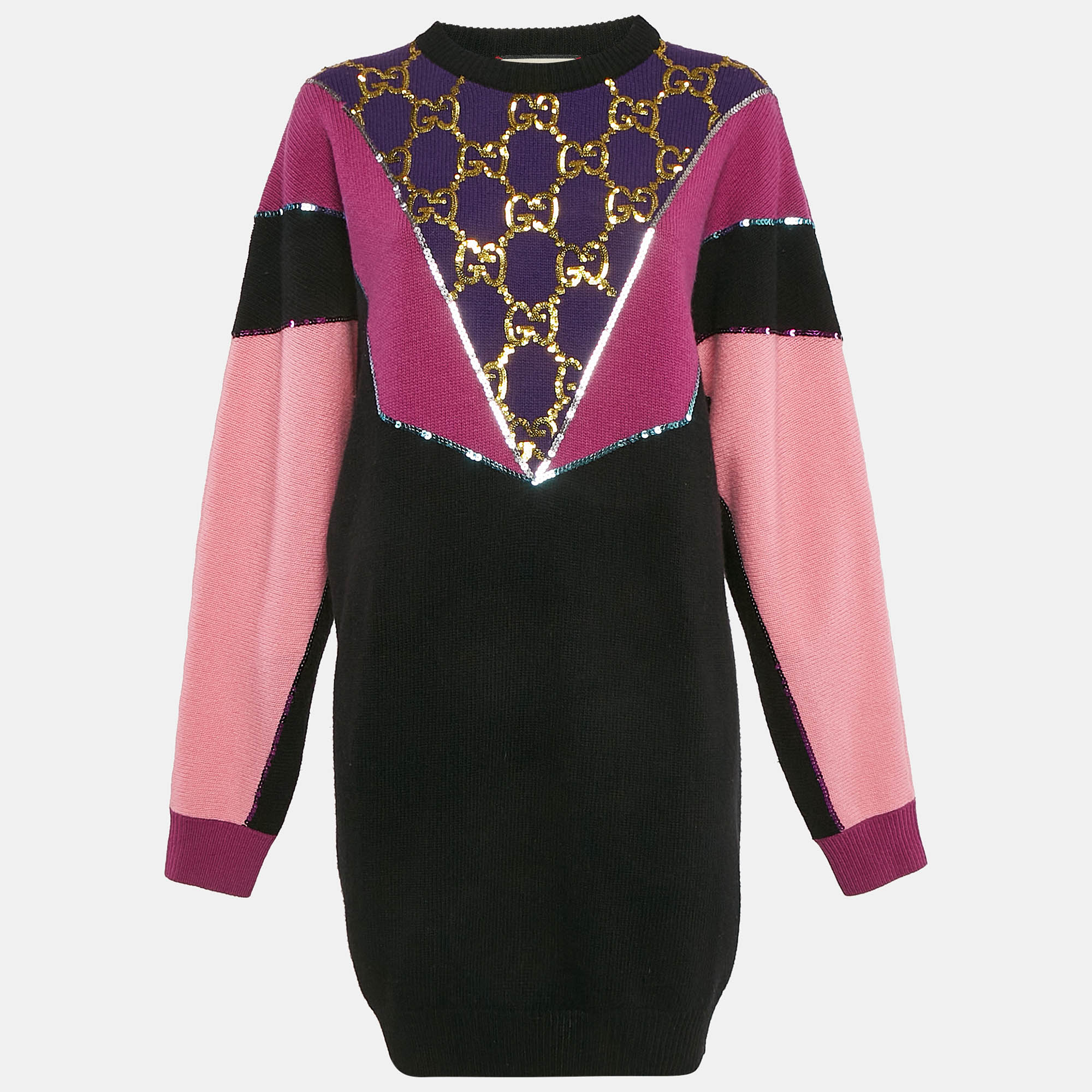 

Gucci Black/Purple GG Sequin Embroidered Rib Knit Sweater Dress S